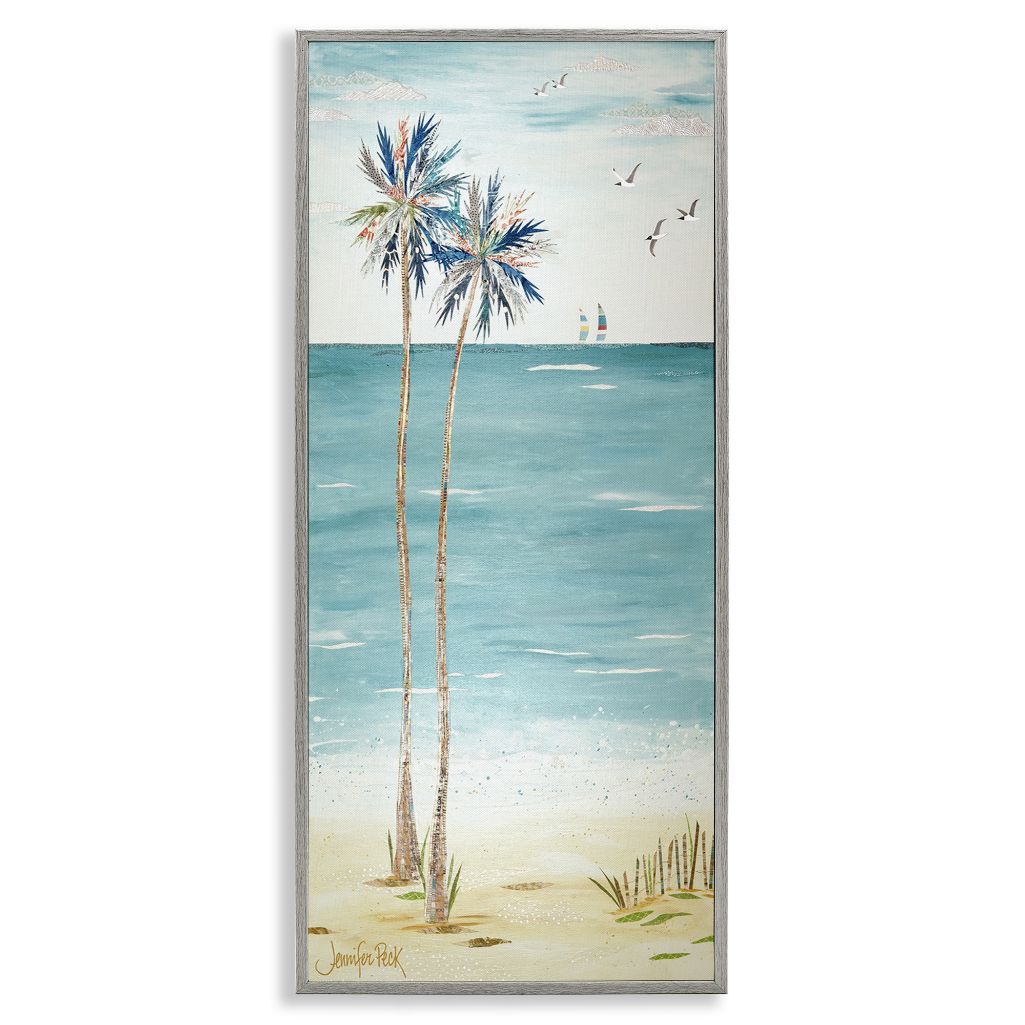 Stupell Industries Palms & Distant Boats Landscape Painting Gray Framed Art Print Wall Art, 10 x 24