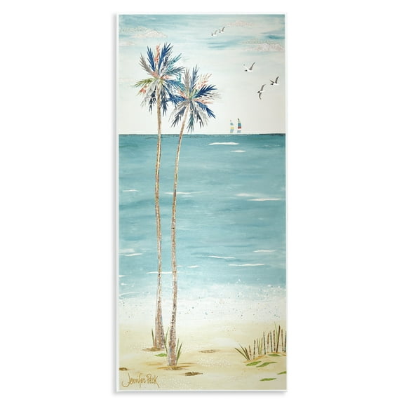 Stupell Industries Palms & Distant Boats Landscape Painting Unframed Art Print Wall Art, 7 x 17