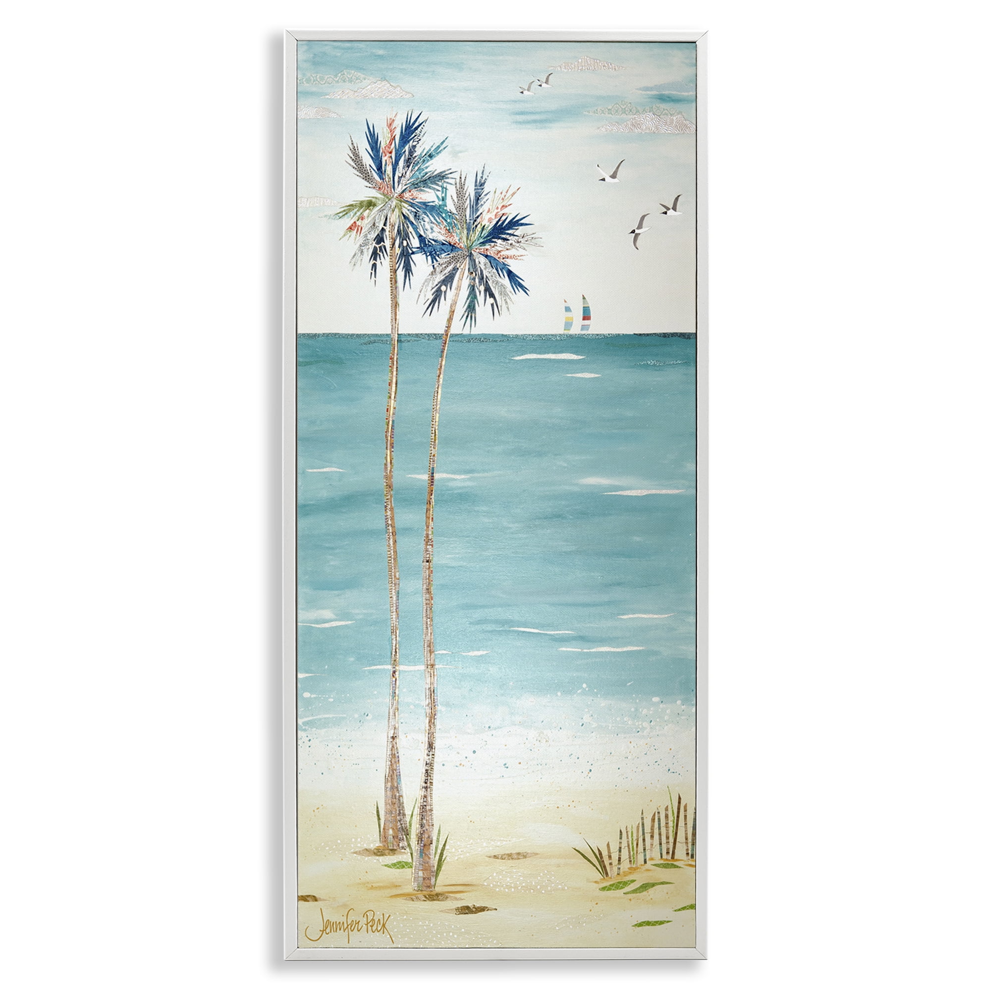 Stupell Industries Palms & Distant Boats Landscape Painting White Framed Art Print Wall Art, 13 x 30