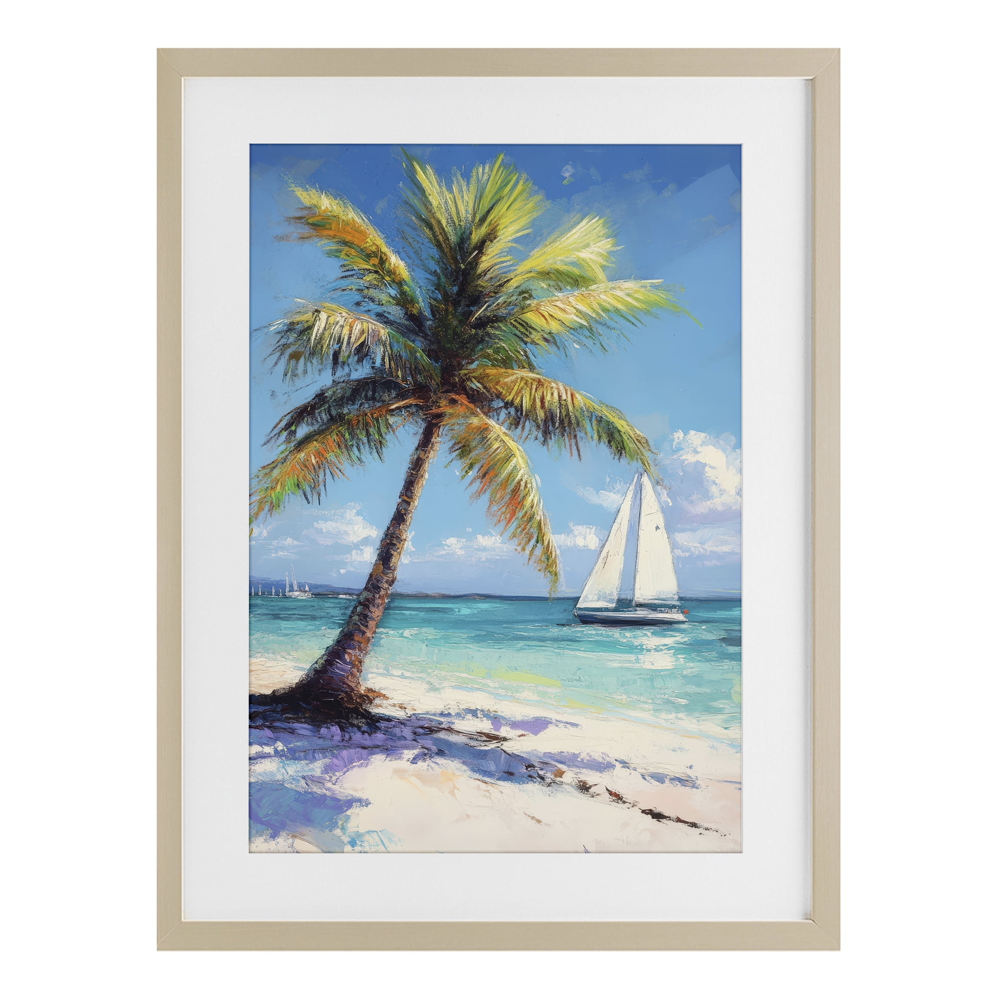 Stupell Industries Palms & Sails Beach View Birch Framed Print Under Glass, design by Petal Prints Design