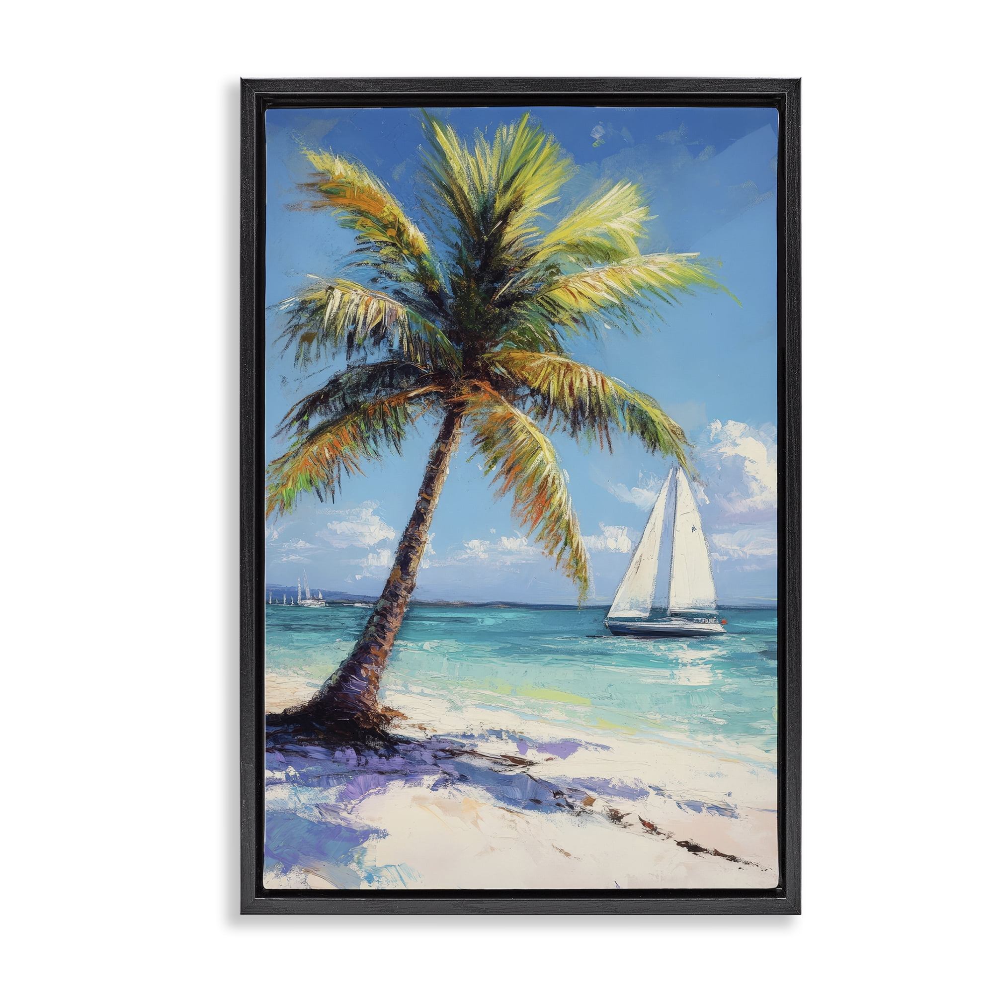 Stupell Industries Palms & Sails Beach View Black Framed Floater Canvas Wall Art, design by Petal Prints Design