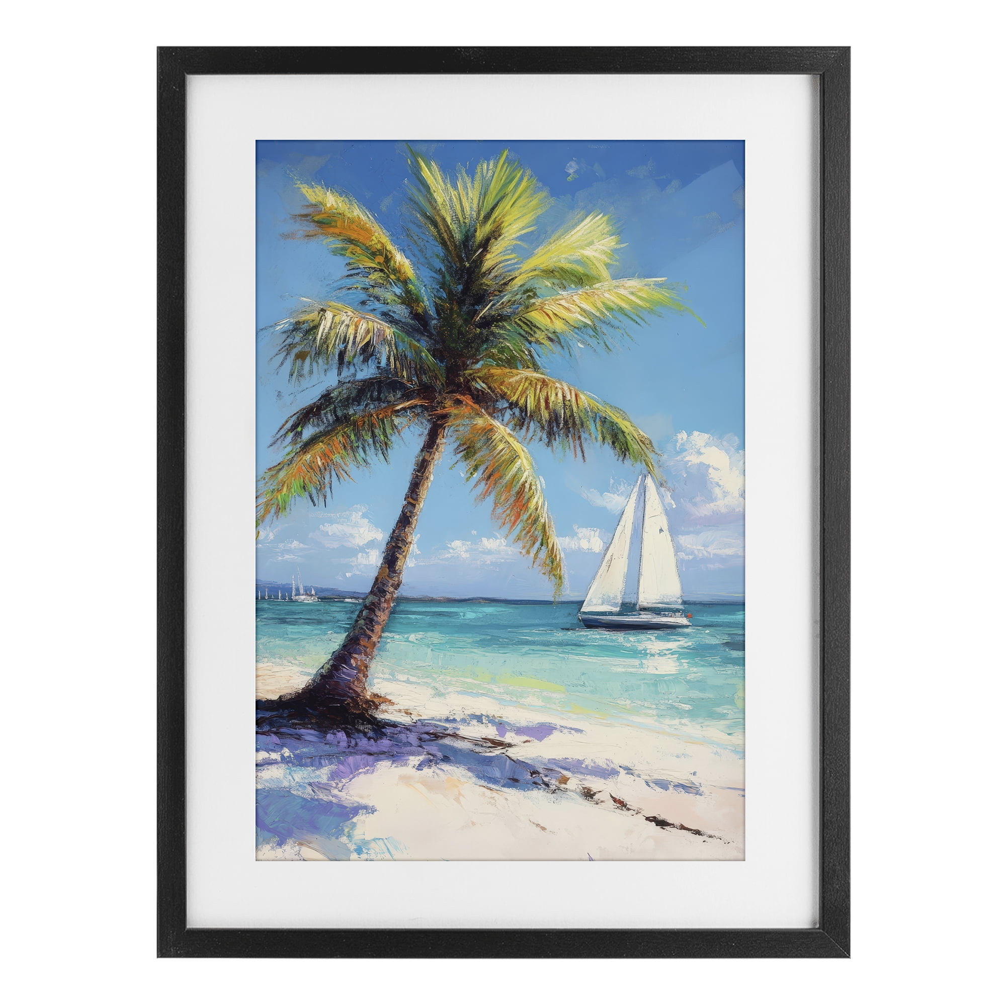 Stupell Industries Palms & Sails Beach View Black Framed Print Under Glass, design by Petal Prints Design