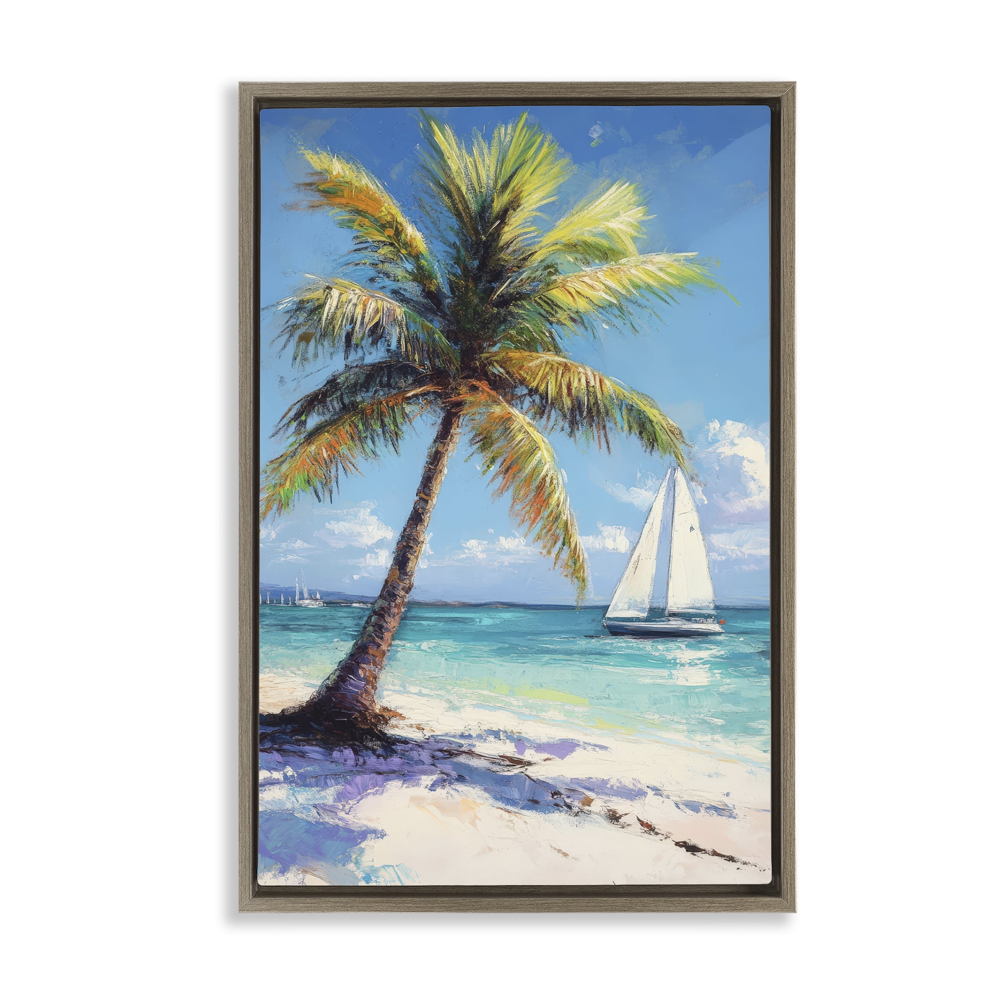 Stupell Industries Palms & Sails Beach View Brown Framed Floater Canvas Wall Art, design by Petal Prints Design