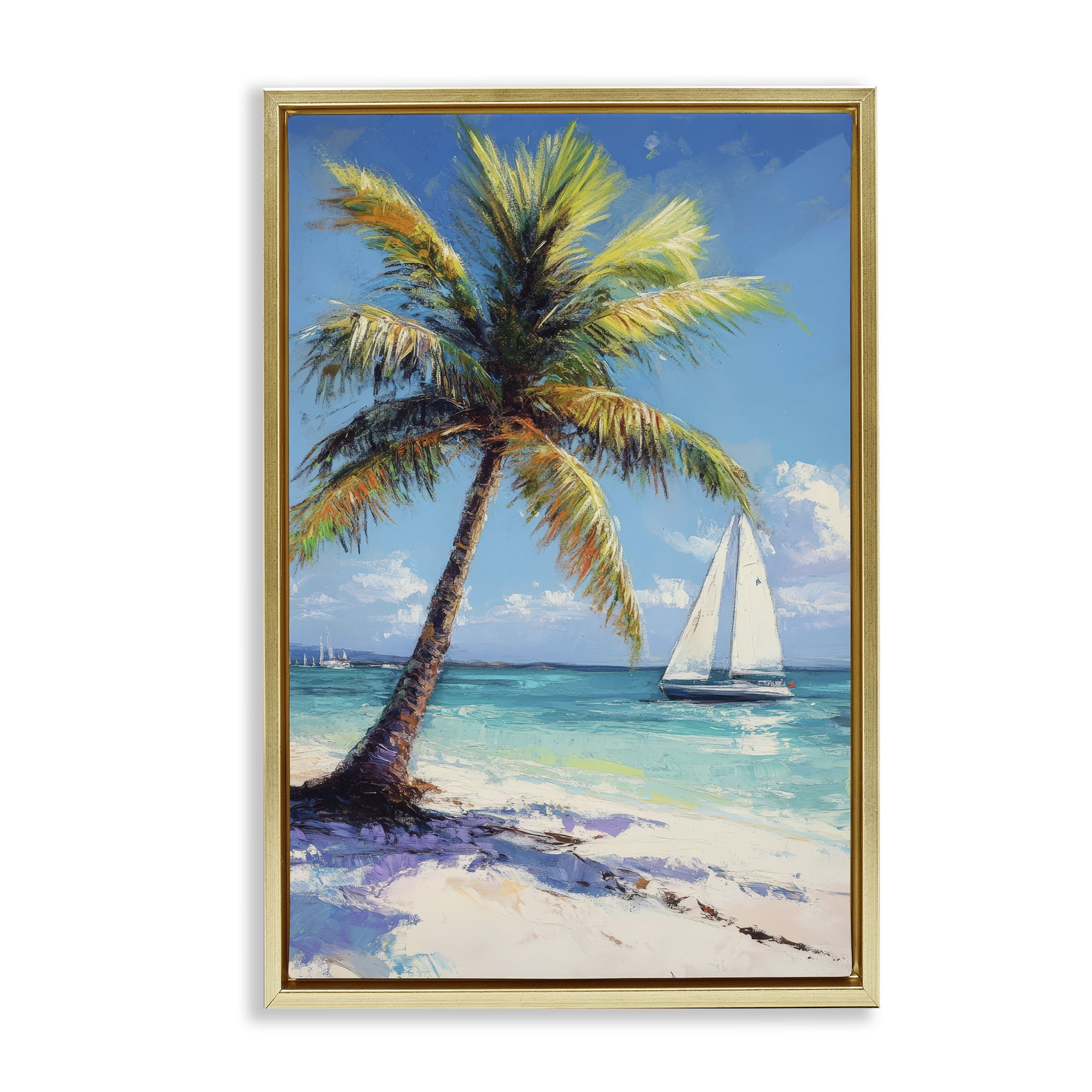Stupell Industries Palms & Sails Beach View Gold Framed Floater Canvas Wall Art, design by Petal Prints Design