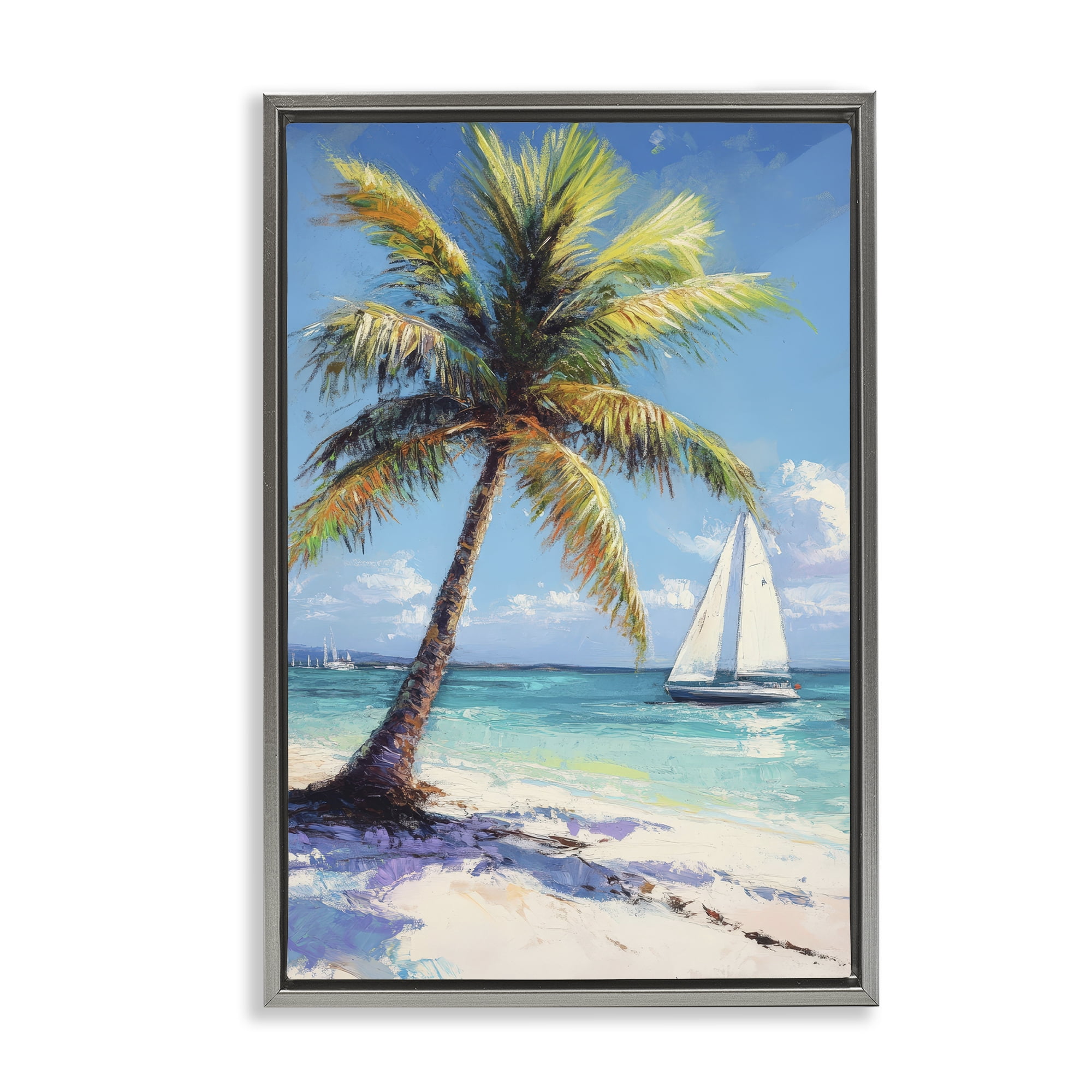 Stupell Industries Palms & Sails Beach View Gray Framed Floater Canvas Wall Art, design by Petal Prints Design