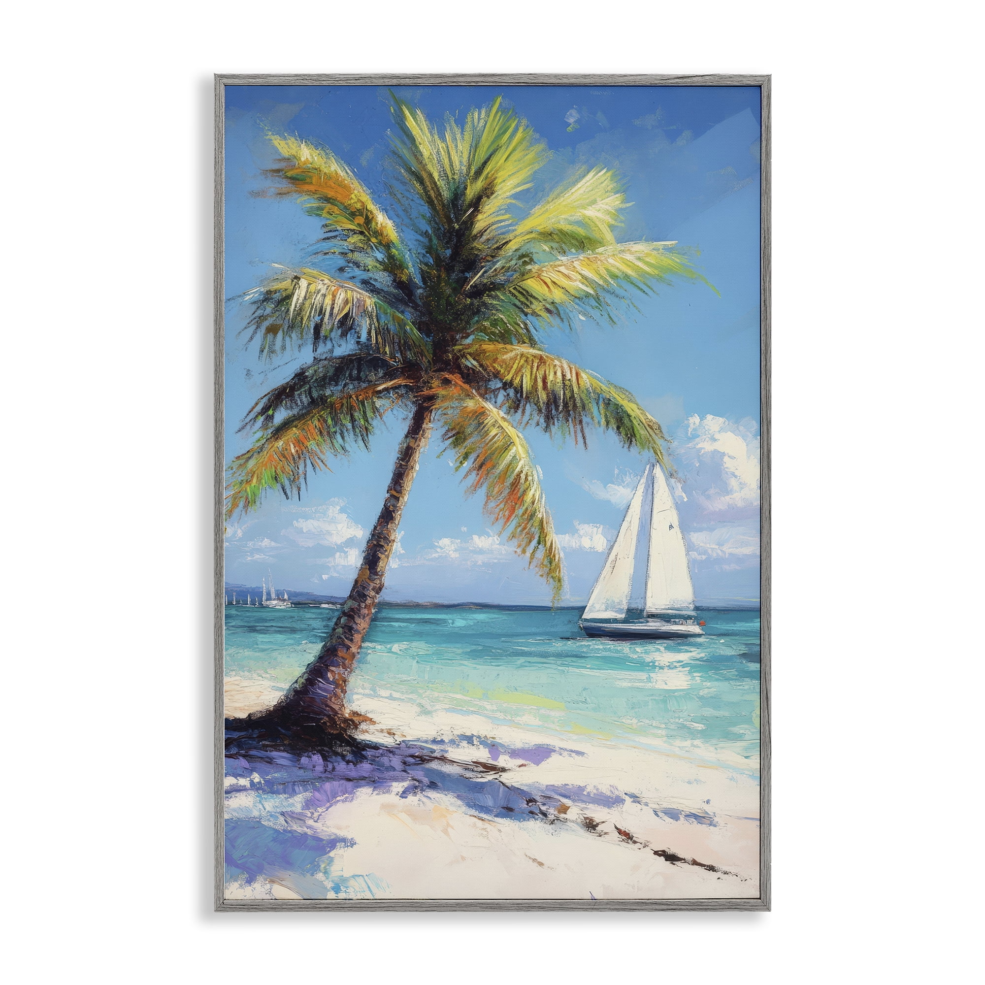 Stupell Industries Palms & Sails Beach View Gray Framed Giclee Art, design by Petal Prints Design