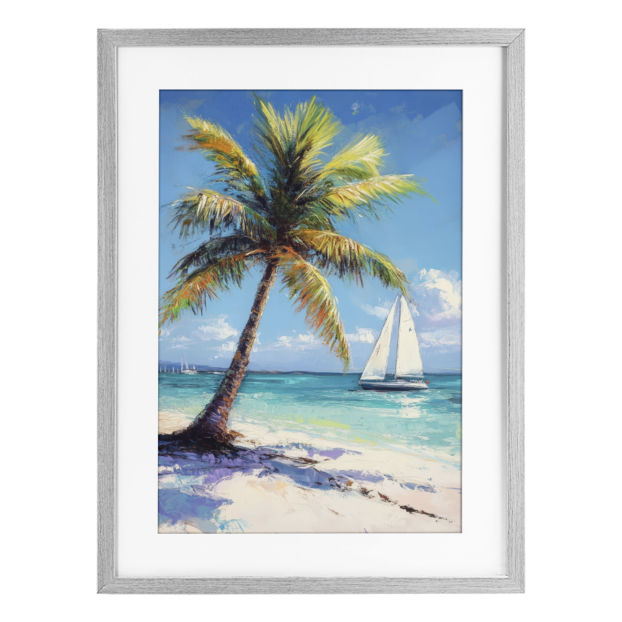 Stupell Industries Palms & Sails Beach View Gray Framed Print Under Glass, design by Petal Prints Design