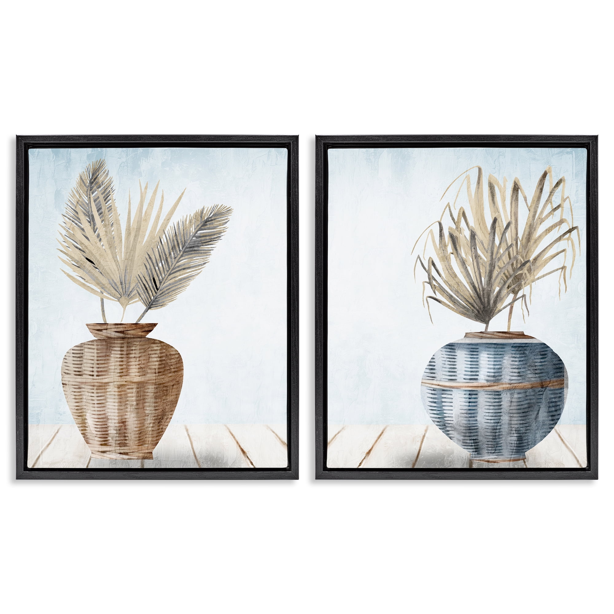 Stupell Industries Palms in Rattan Planters Floral & Botanical Painting Black Floater Framed Canvas Art Print Wall Art, 31 x 25, Set of 2