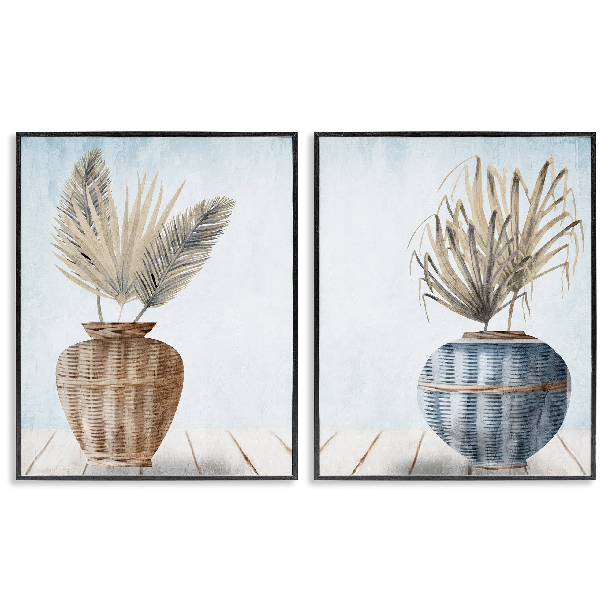 Stupell Industries Palms in Rattan Planters Floral & Botanical Painting Black Framed Art Print Wall Art, 11 x 14, Set of 2