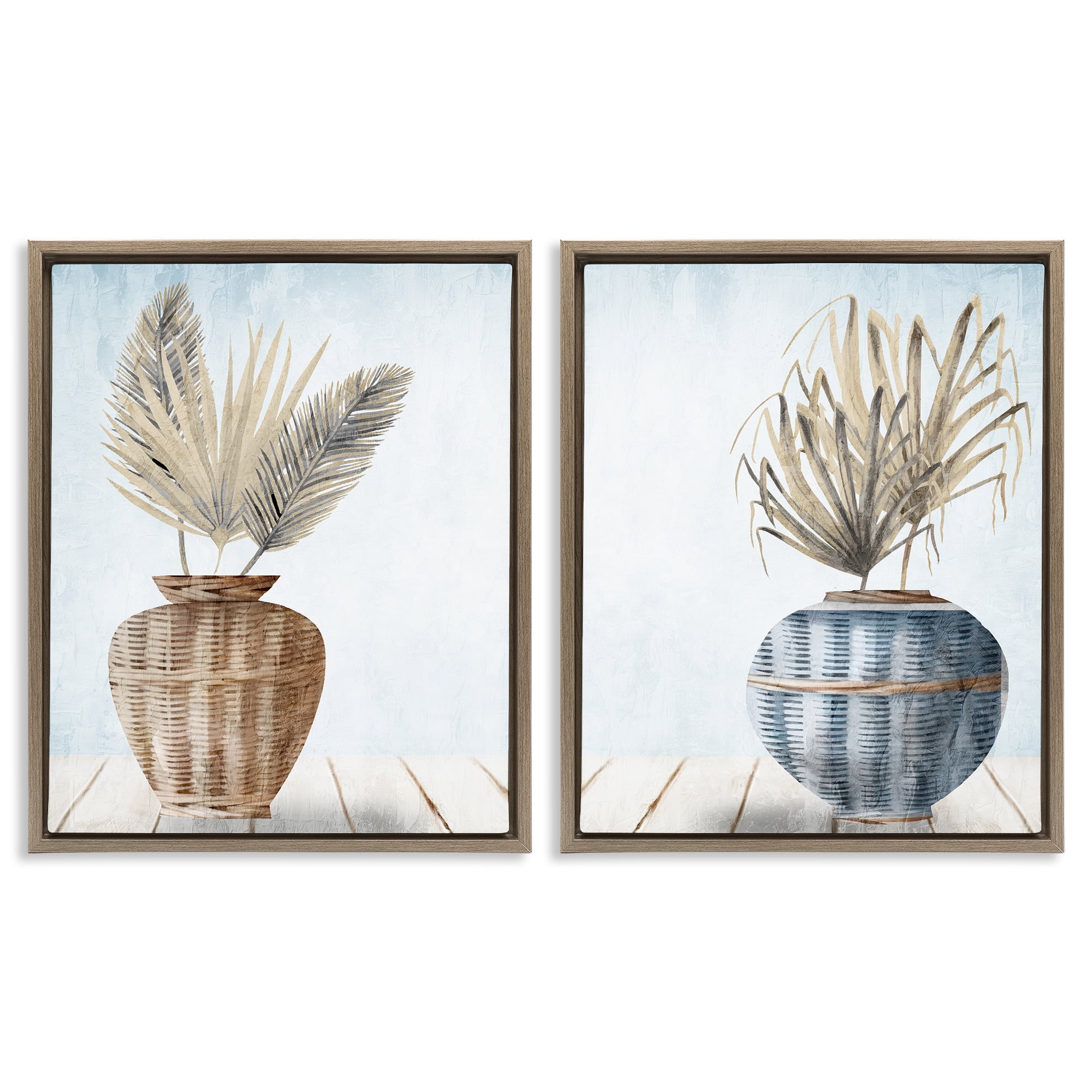 Stupell Industries Palms in Rattan Planters Floral & Botanical Painting Brown Floater Framed Canvas Art Print Wall Art, 31 x 25, Set of 2