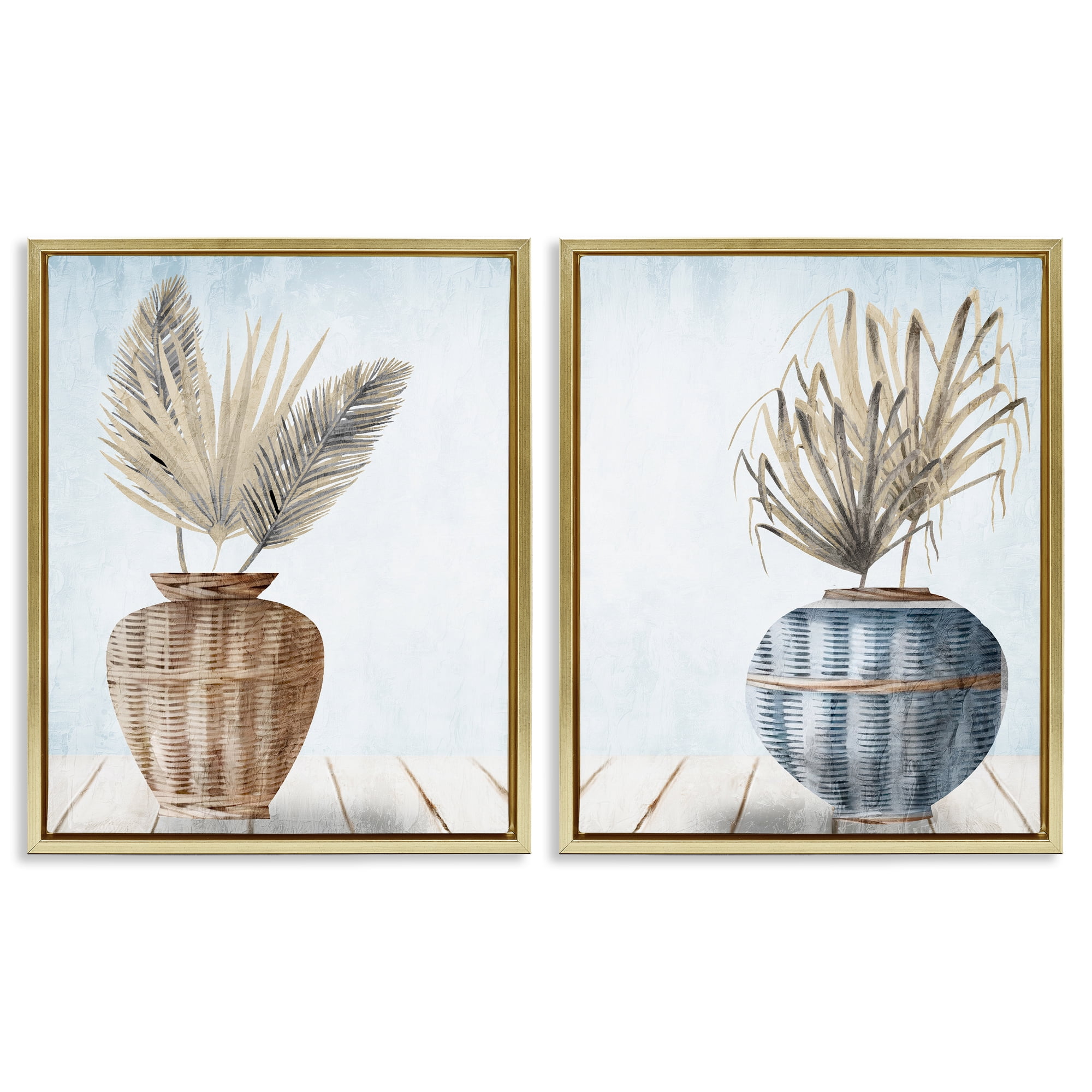 Stupell Industries Palms in Rattan Planters Floral & Botanical Painting Gold Floater Framed Canvas Art Print Wall Art, 17 x 21, Set of 2