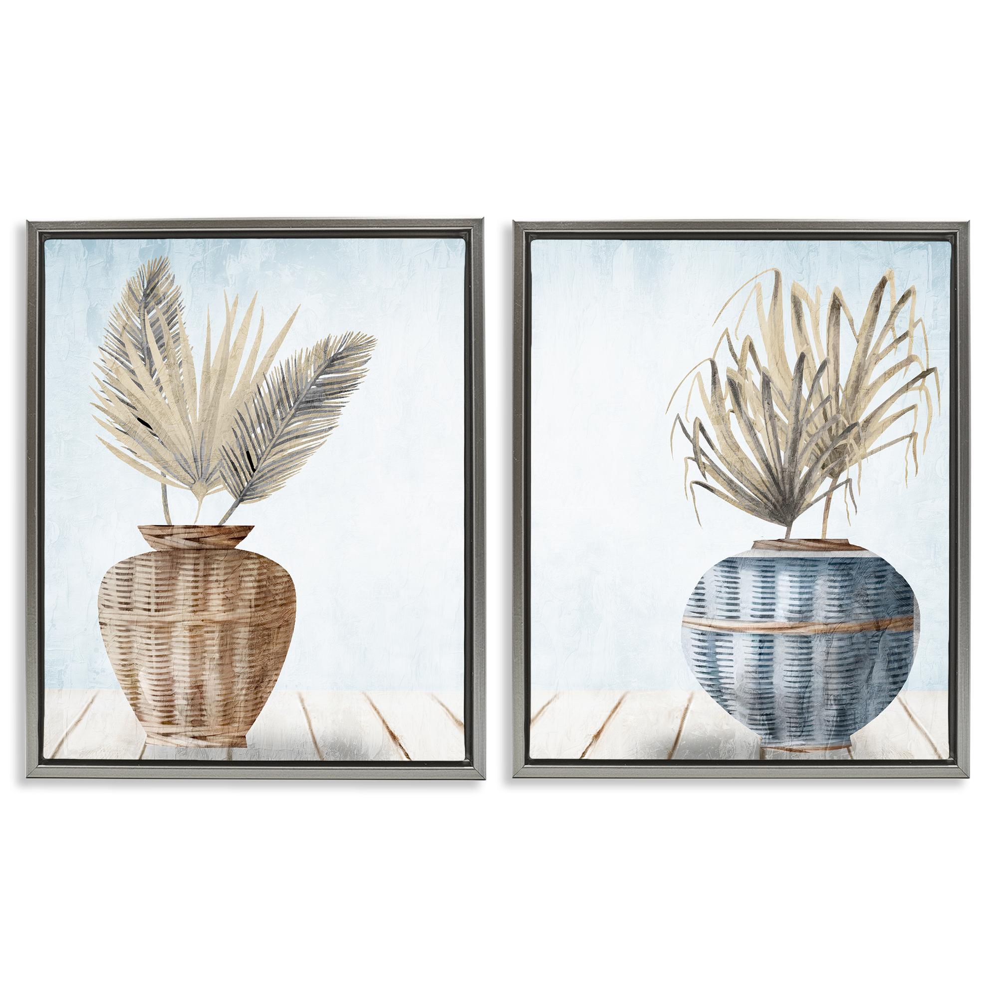 Stupell Industries Palms in Rattan Planters Floral & Botanical Painting Gray Floater Framed Canvas Art Print Wall Art, 31 x 25, Set of 2