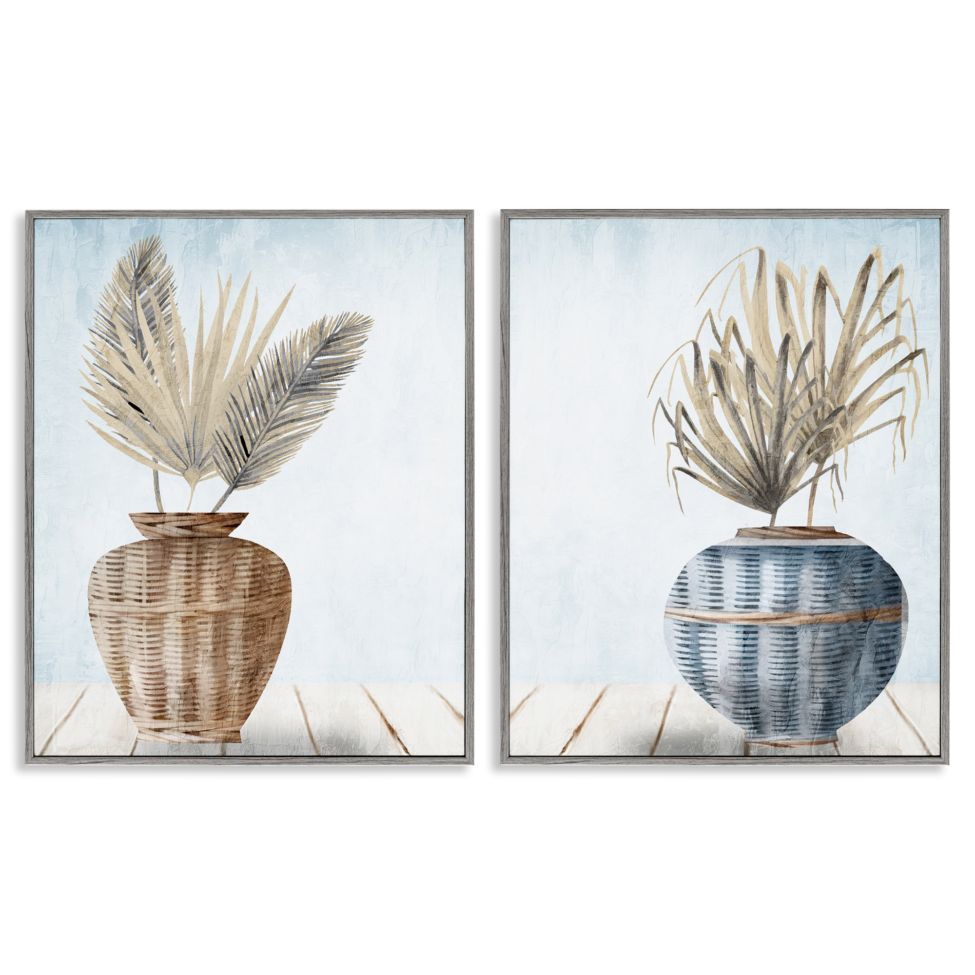 Stupell Industries Palms in Rattan Planters Floral & Botanical Painting Gray Framed Art Print Wall Art, 11 x 14, Set of 2