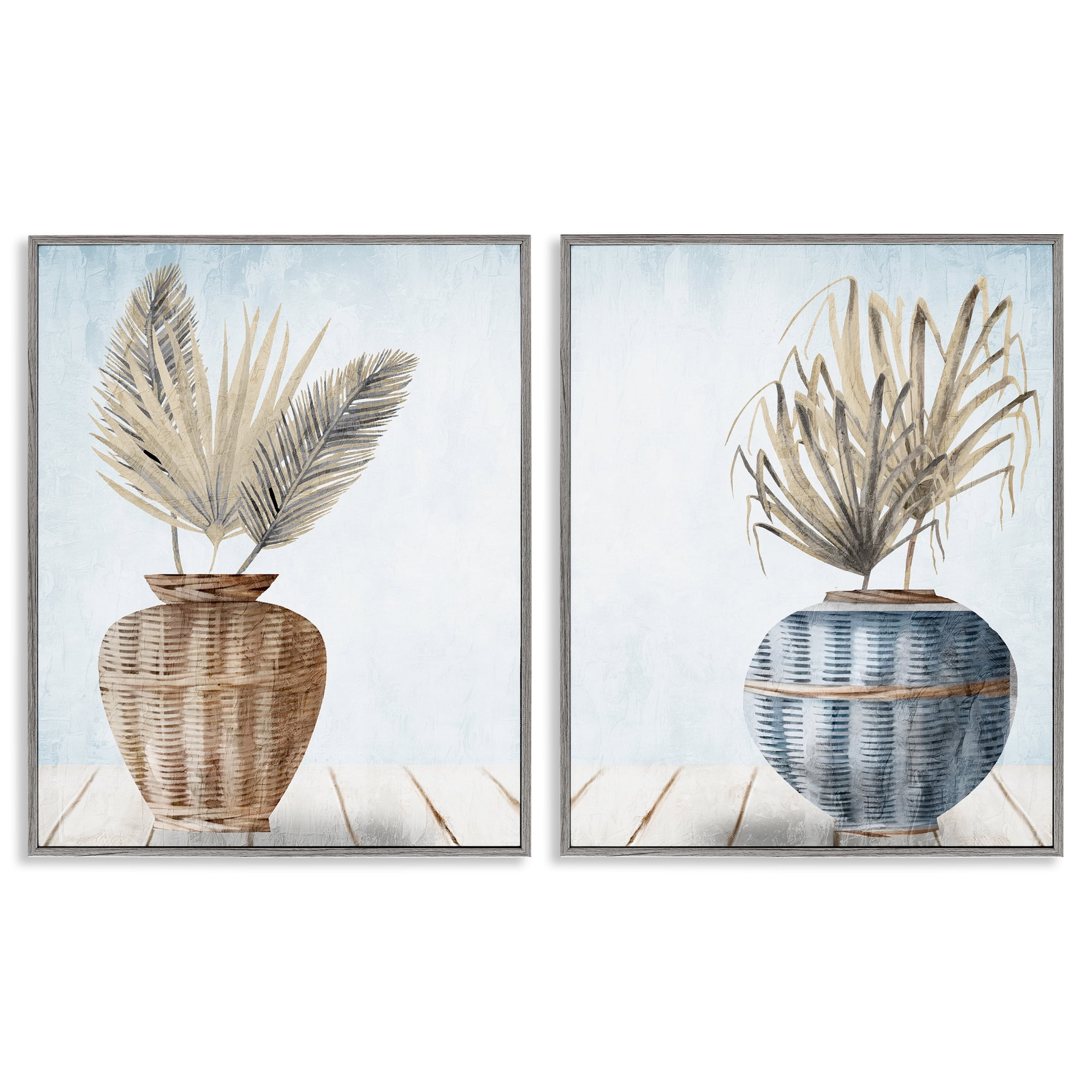 Stupell Industries Palms in Rattan Planters Floral & Botanical Painting Gray Framed Art Print Wall Art, 16 x 20, Set of 2