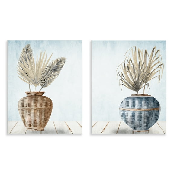 Stupell Industries Palms in Rattan Planters Floral & Botanical Painting Unframed Art Print Wall Art, 11 x 14, Set of 2