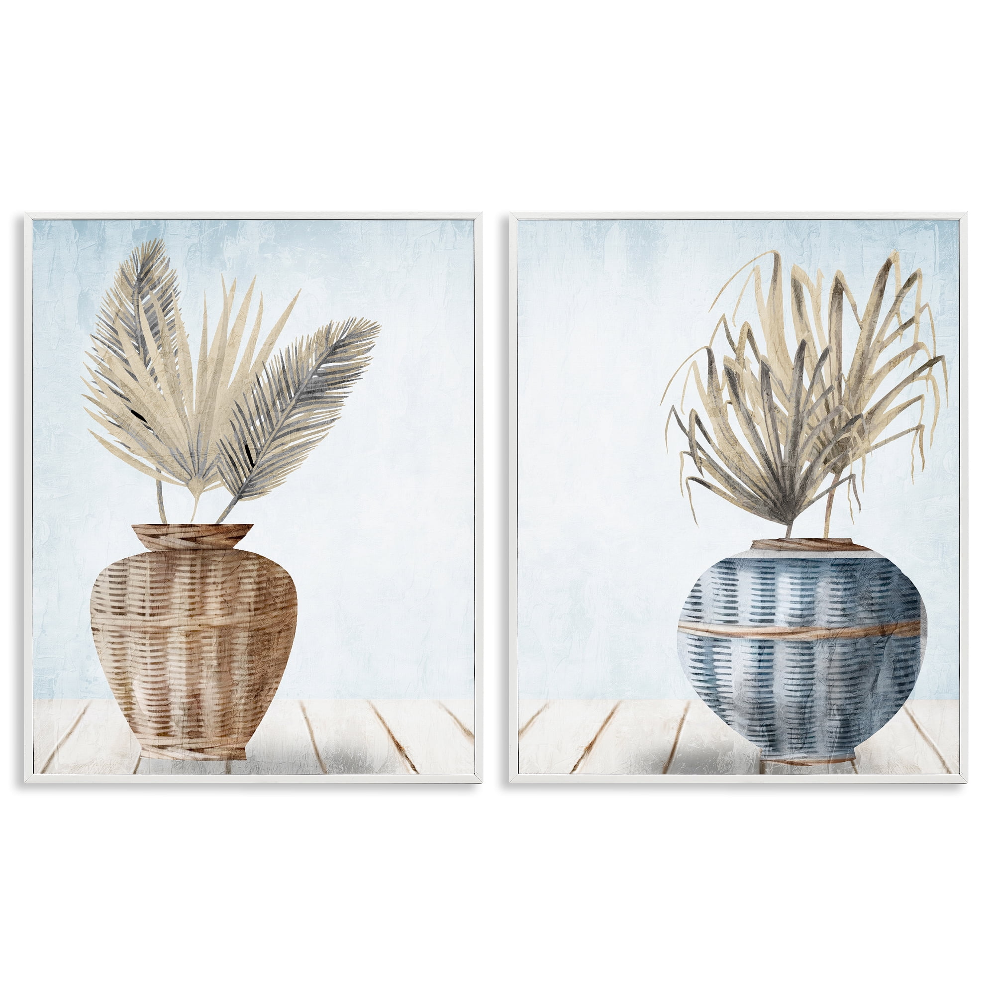 Stupell Industries Palms in Rattan Planters Floral & Botanical Painting White Framed Art Print Wall Art, 11 x 14, Set of 2