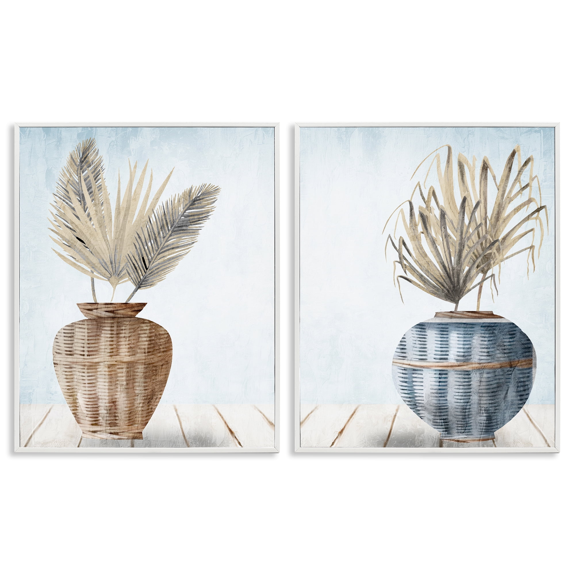 Stupell Industries Palms in Rattan Planters Floral & Botanical Painting White Framed Art Print Wall Art, 24 x 30, Set of 2