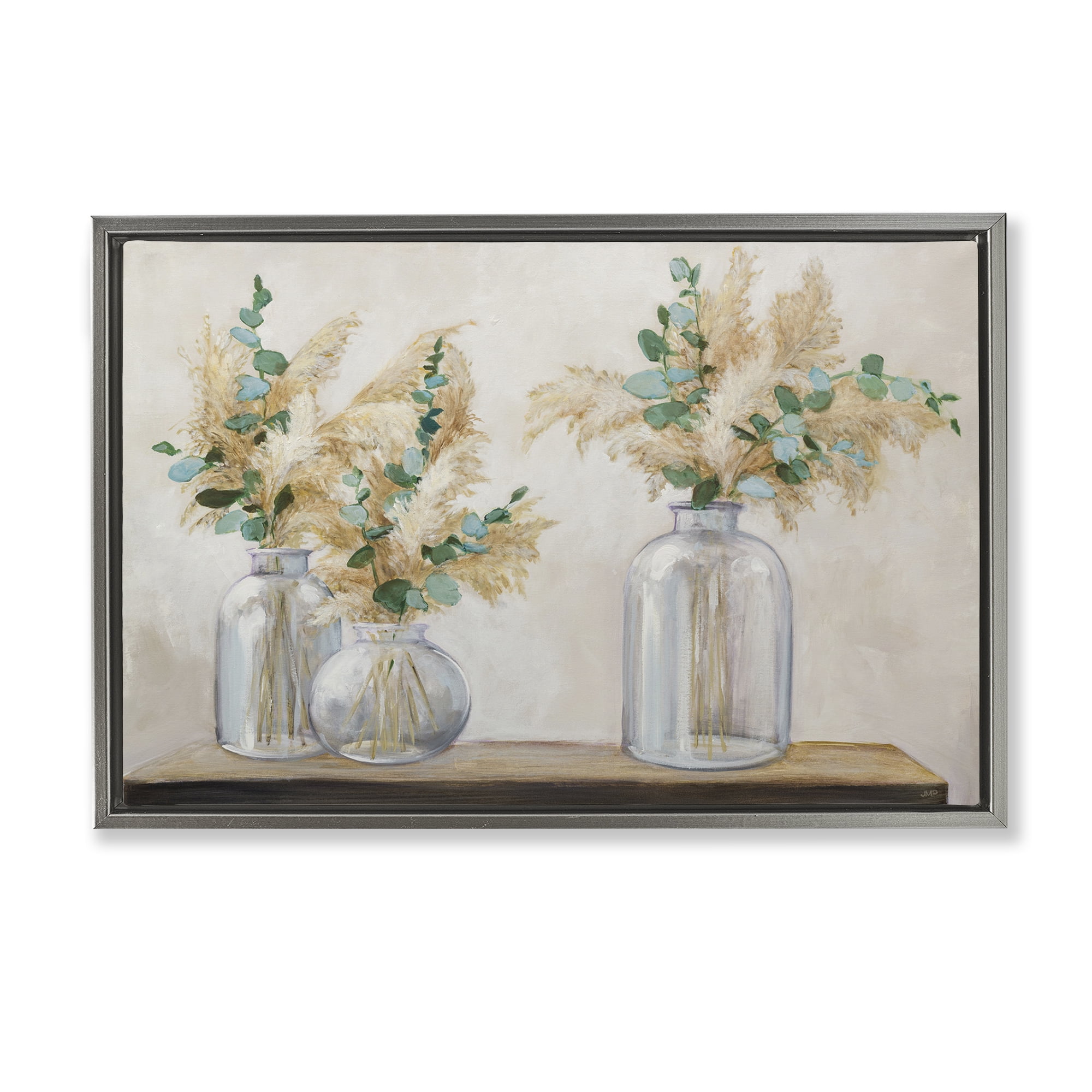 Stupell Industries Pampas & Eucalyptus Botanical & Floral Painting Gray Floater Framed Art Print Wall Art, 25 x 17