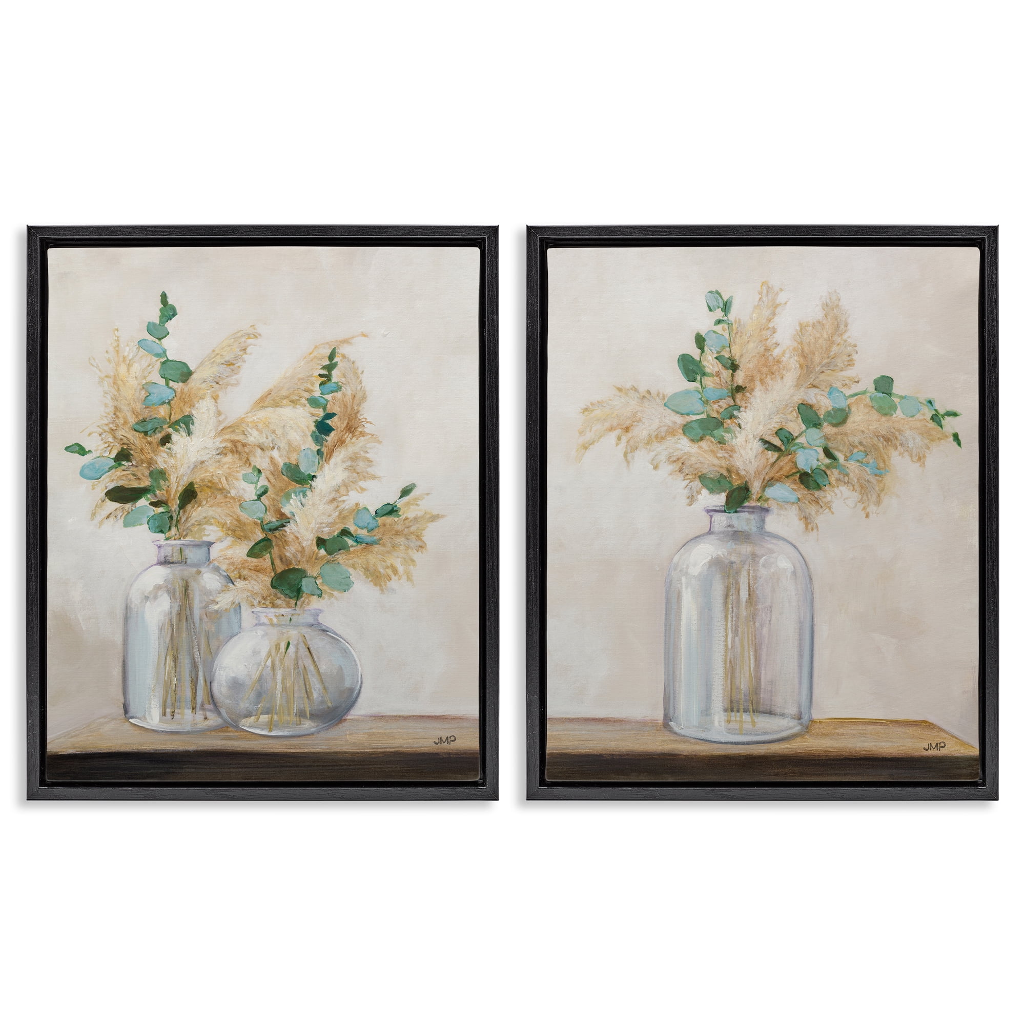 Stupell Industries Pampas Eucalyptus Bouquet Plants & Flowers Painting Black Floater Framed Canvas Art Print Wall Art, 31 x 25, Set of 2