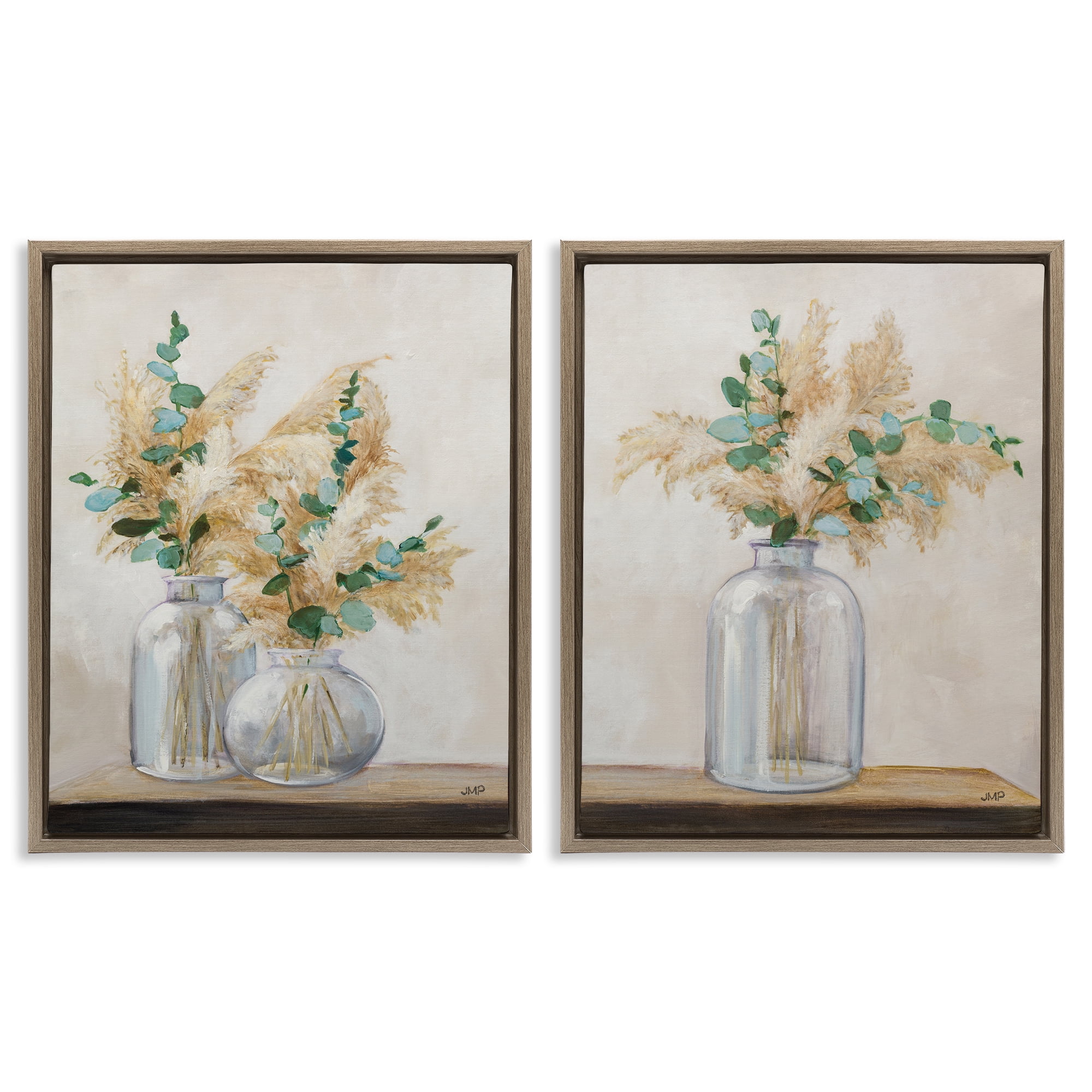 Stupell Industries Pampas Eucalyptus Bouquet Plants & Flowers Painting Brown Floater Framed Canvas Art Print Wall Art, 17 x 21, Set of 2