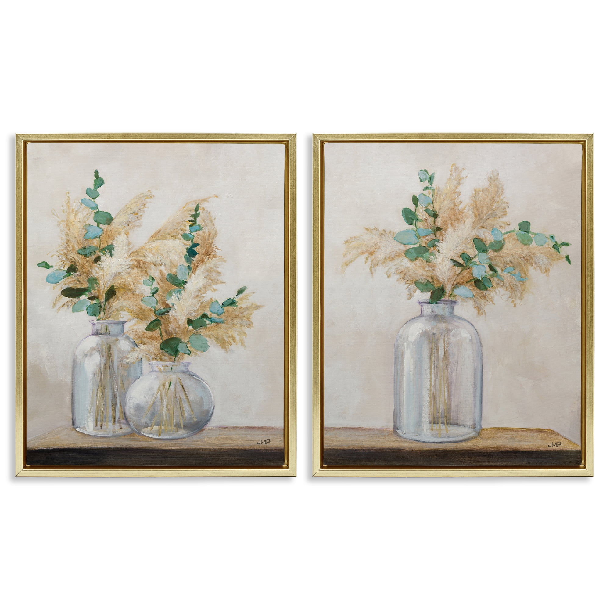 Stupell Industries Pampas Eucalyptus Bouquet Plants & Flowers Painting Gold Floater Framed Canvas Art Print Wall Art, 31 x 25, Set of 2