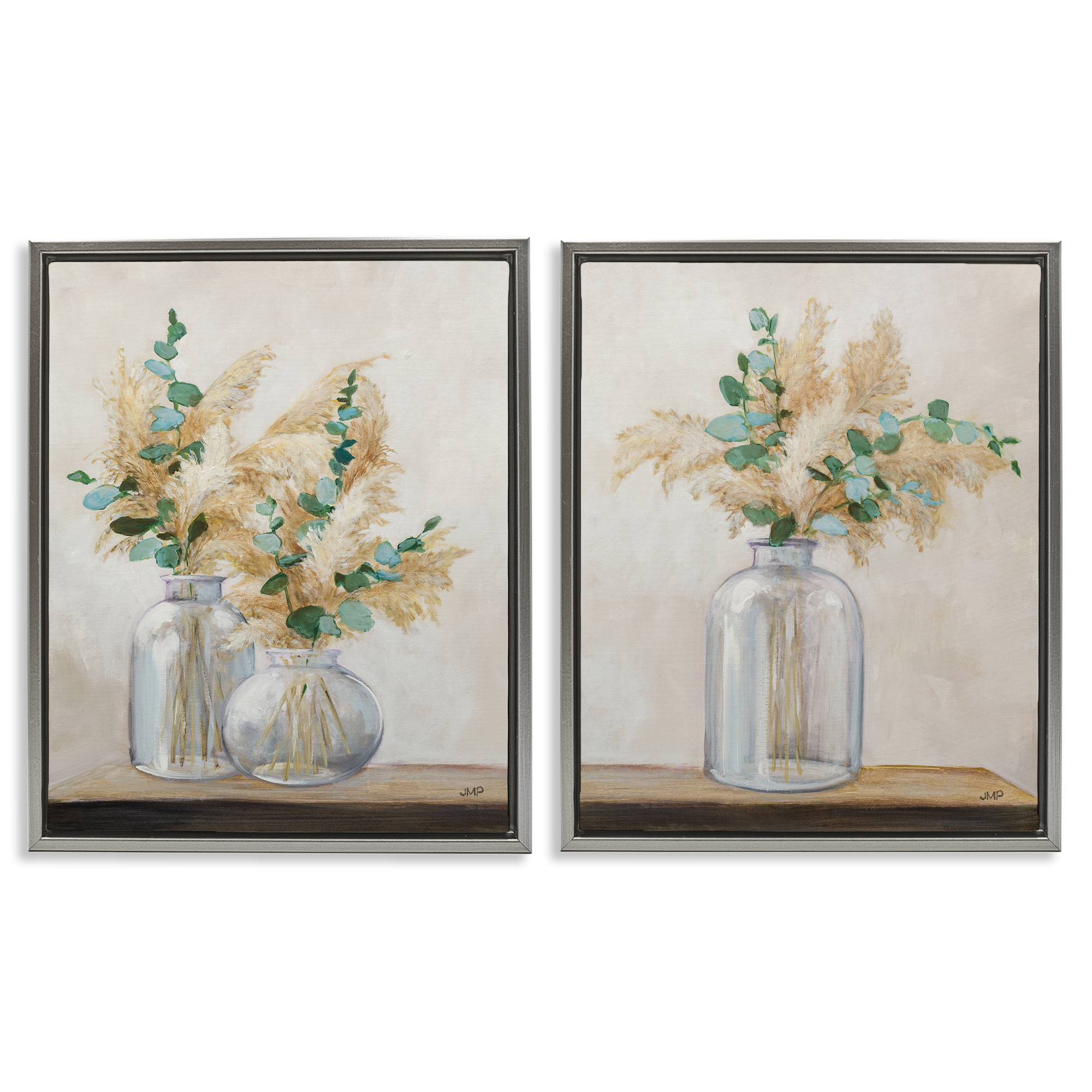 Stupell Industries Pampas Eucalyptus Bouquet Plants & Flowers Painting Gray Floater Framed Canvas Art Print Wall Art, 17 x 21, Set of 2