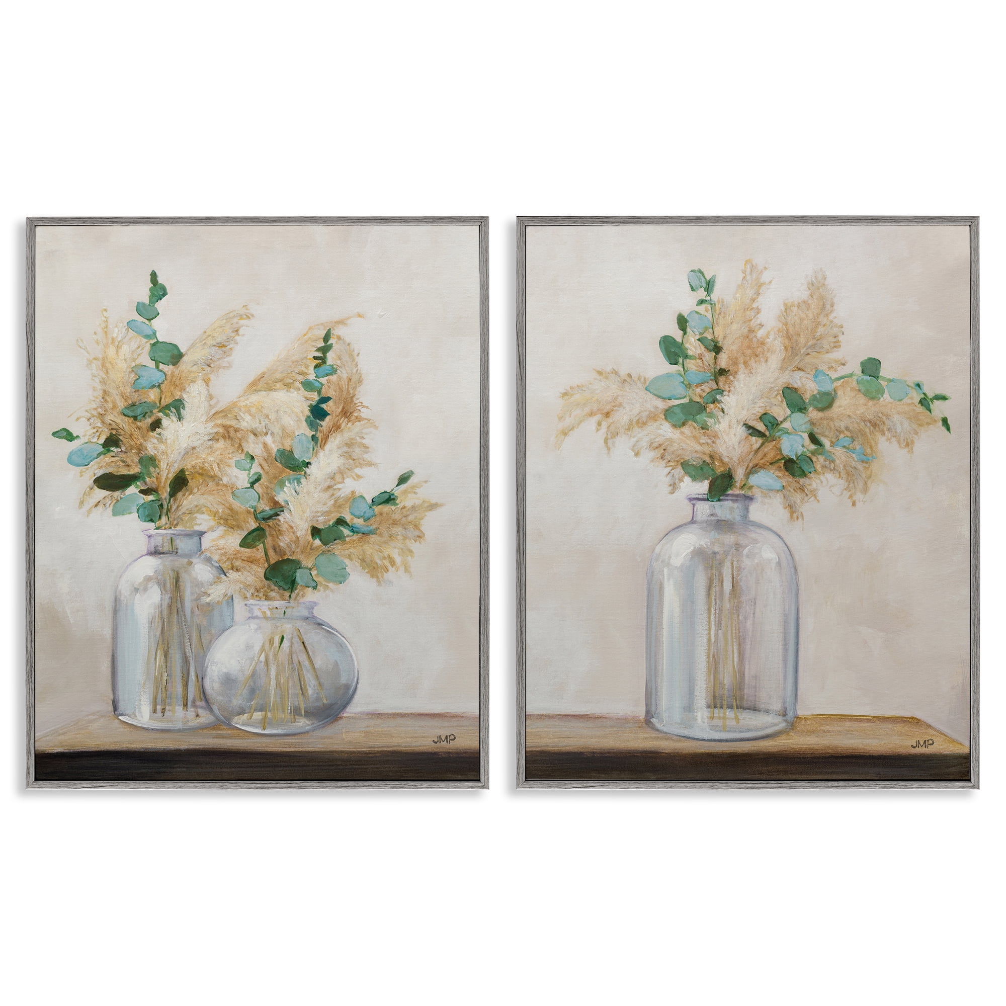 Stupell Industries Pampas Eucalyptus Bouquet Plants & Flowers Painting Gray Framed Art Print Wall Art, 16 x 20, Set of 2