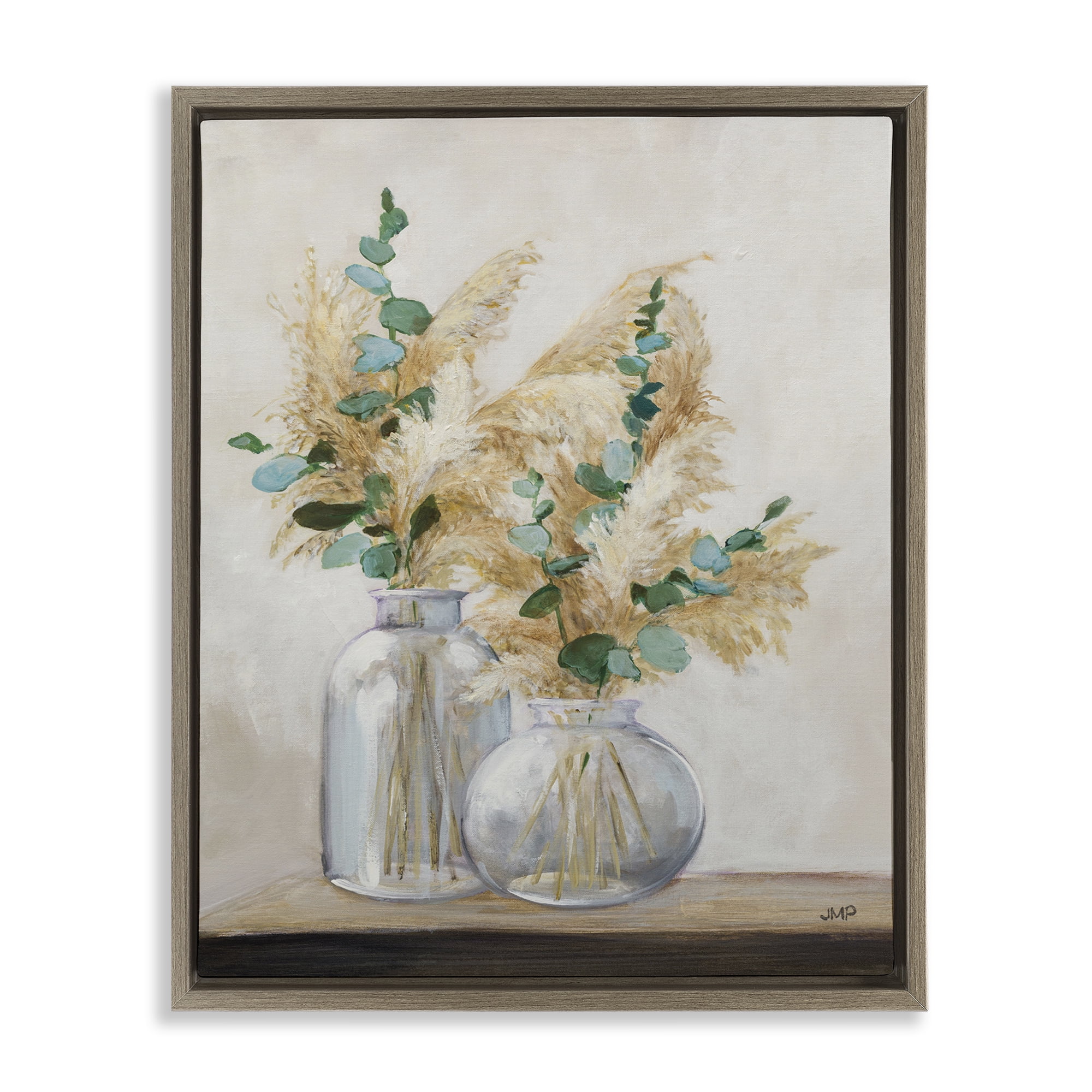 Stupell Industries Pampas & Herbs Vase Botanical & Floral Painting Brown Floater Framed Art Print Wall Art, 17 x 21