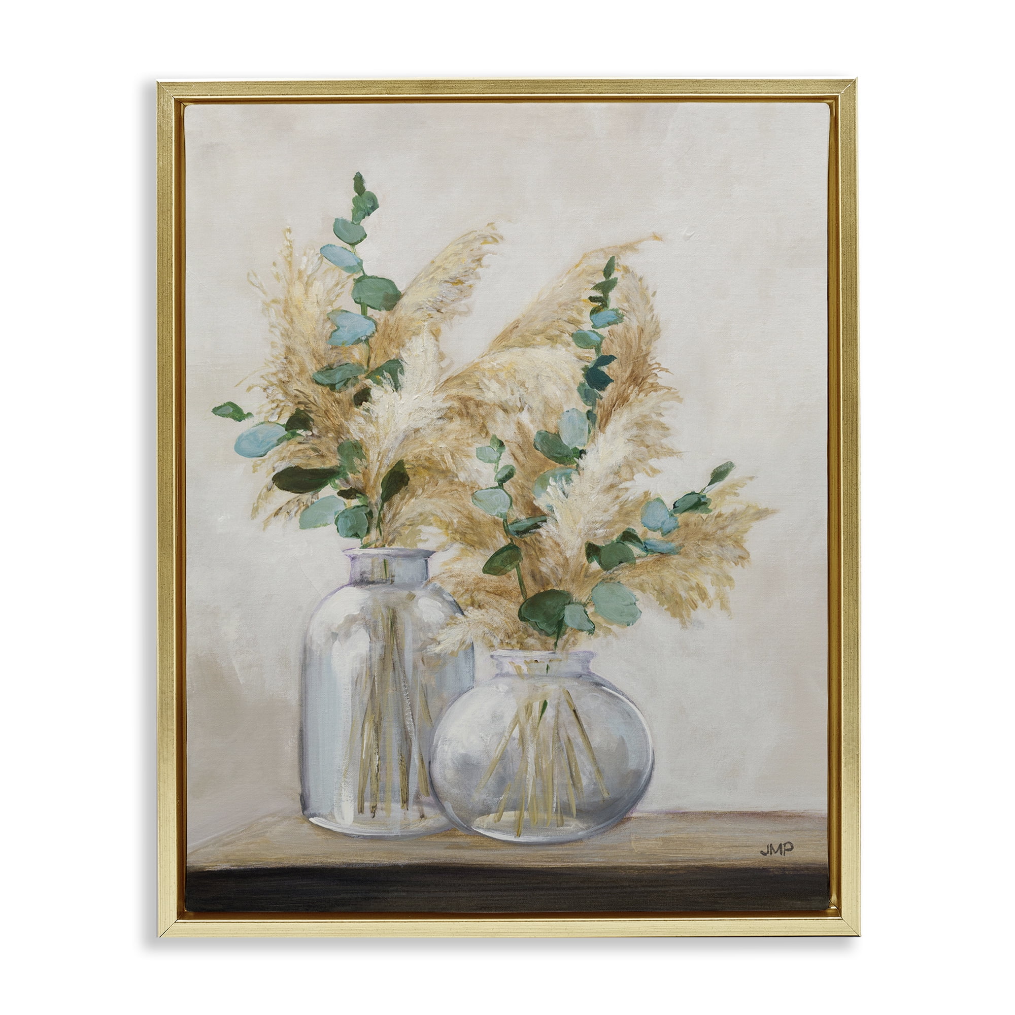 Stupell Industries Pampas & Herbs Vase Botanical & Floral Painting Gold Floater Framed Art Print Wall Art, 25 x 31