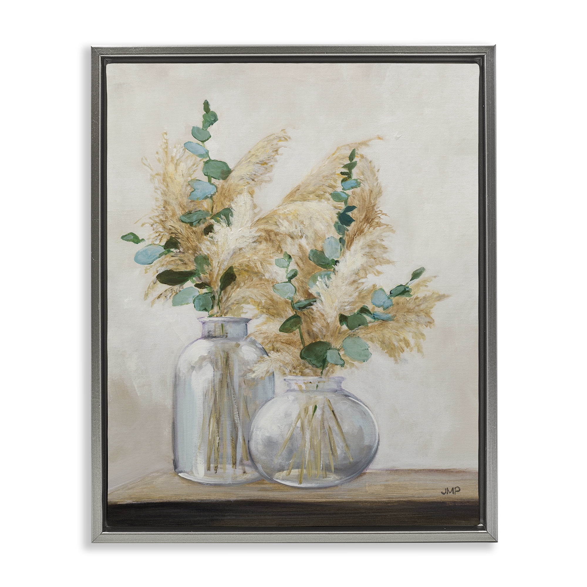Stupell Industries Pampas & Herbs Vase Botanical & Floral Painting Gray Floater Framed Art Print Wall Art, 17 x 21