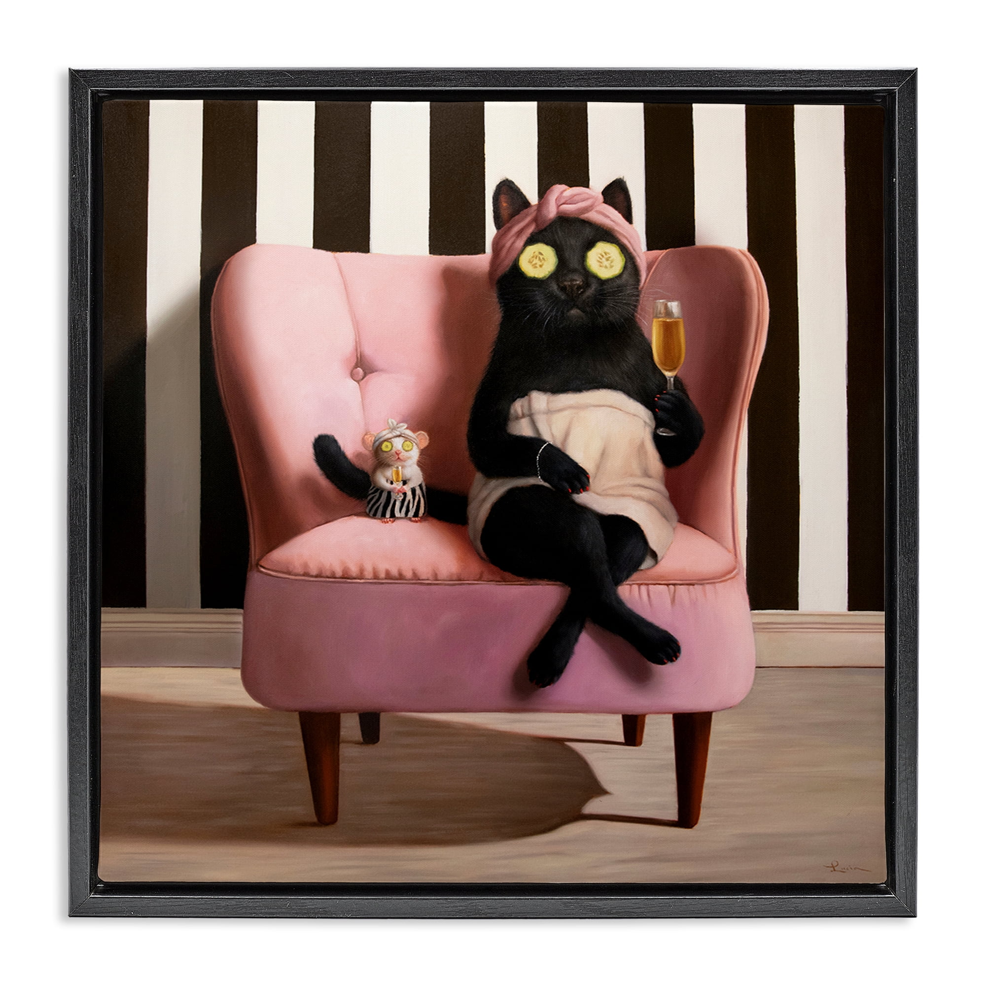 Stupell Industries Pamper Party Cat Black Framed Floater Canvas Wall Art, design by Lucia Heffernan