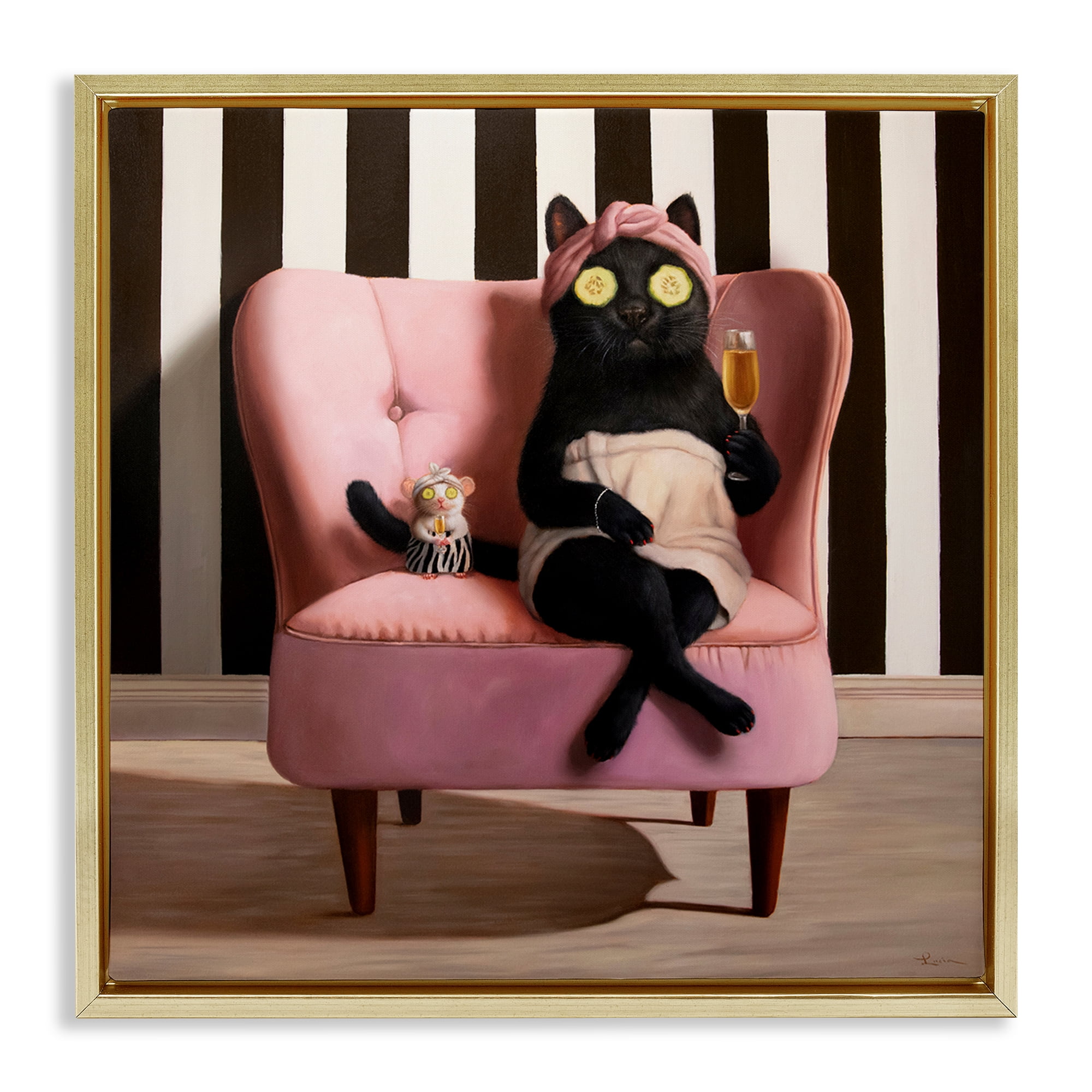 Stupell Industries Pamper Party Cat Gold Framed Floater Canvas Wall Art, design by Lucia Heffernan