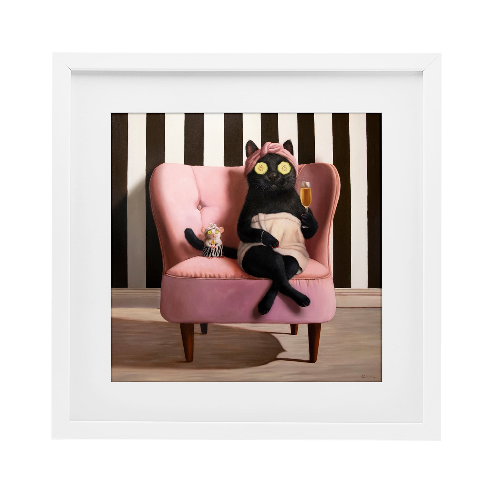 Stupell Industries Pamper Party Cat White Framed Print Under Glass, design by Lucia Heffernan