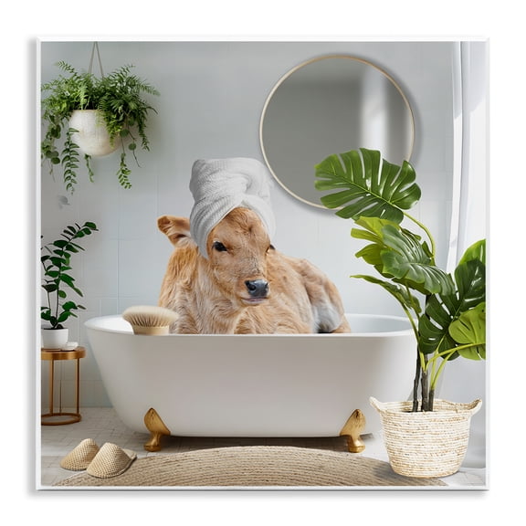 Stupell Industries Pampered Cow in Bath Animals Painting Unframed Art Print Wall Art, 12 x 12