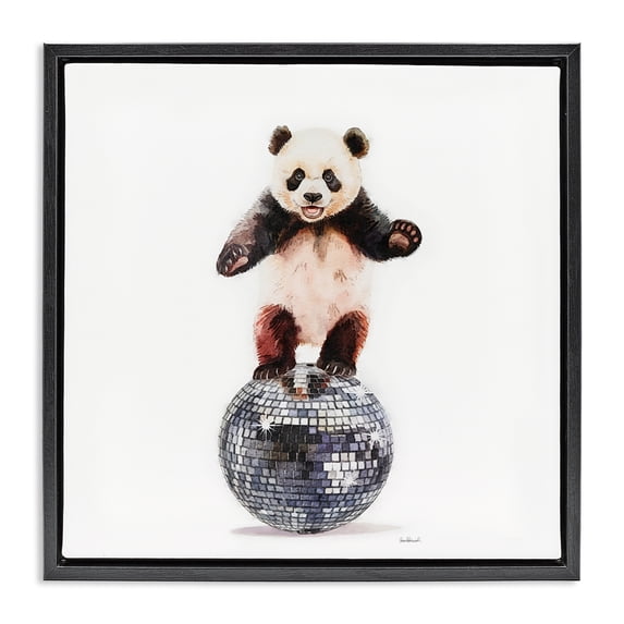 Stupell Industries Panda Balancing on Disco Ball Animals Painting Black Floater Framed Canvas Art Print Wall Art, 18 x 18