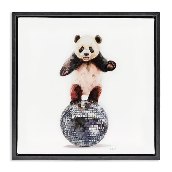 Stupell Industries Panda Balancing on Disco Ball Animals Painting Black Floater Framed Canvas Art Print Wall Art, 25 x 25
