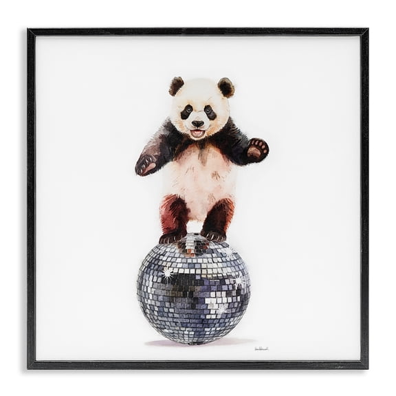 Stupell Industries Panda Balancing on Disco Ball Animals Painting Black Framed Art Print Wall Art, 12 x 12