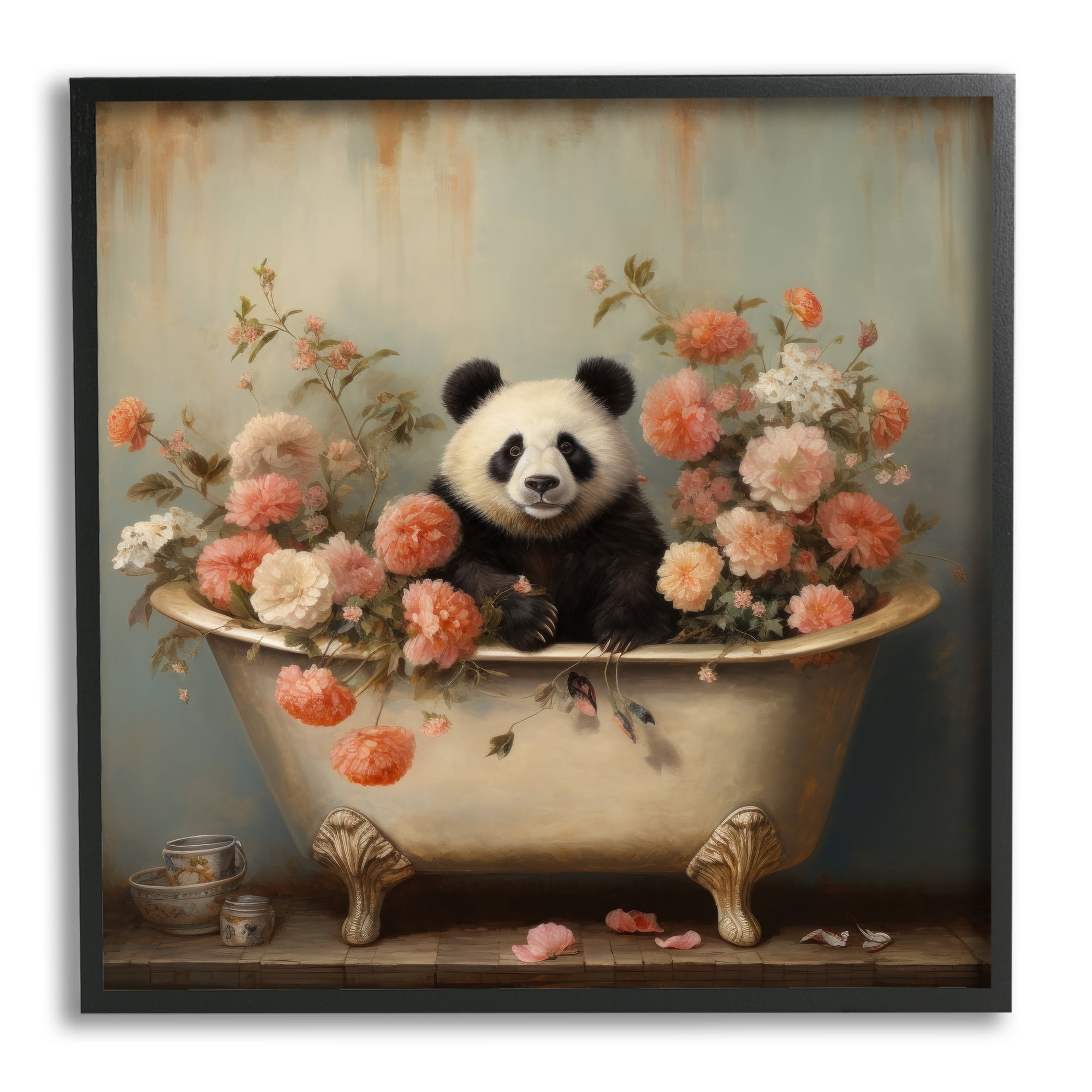 Stupell Industries Panda Bathtub & Blooms Animals & Insects Painting Black Framed Art Print Wall Art, 17 x 17