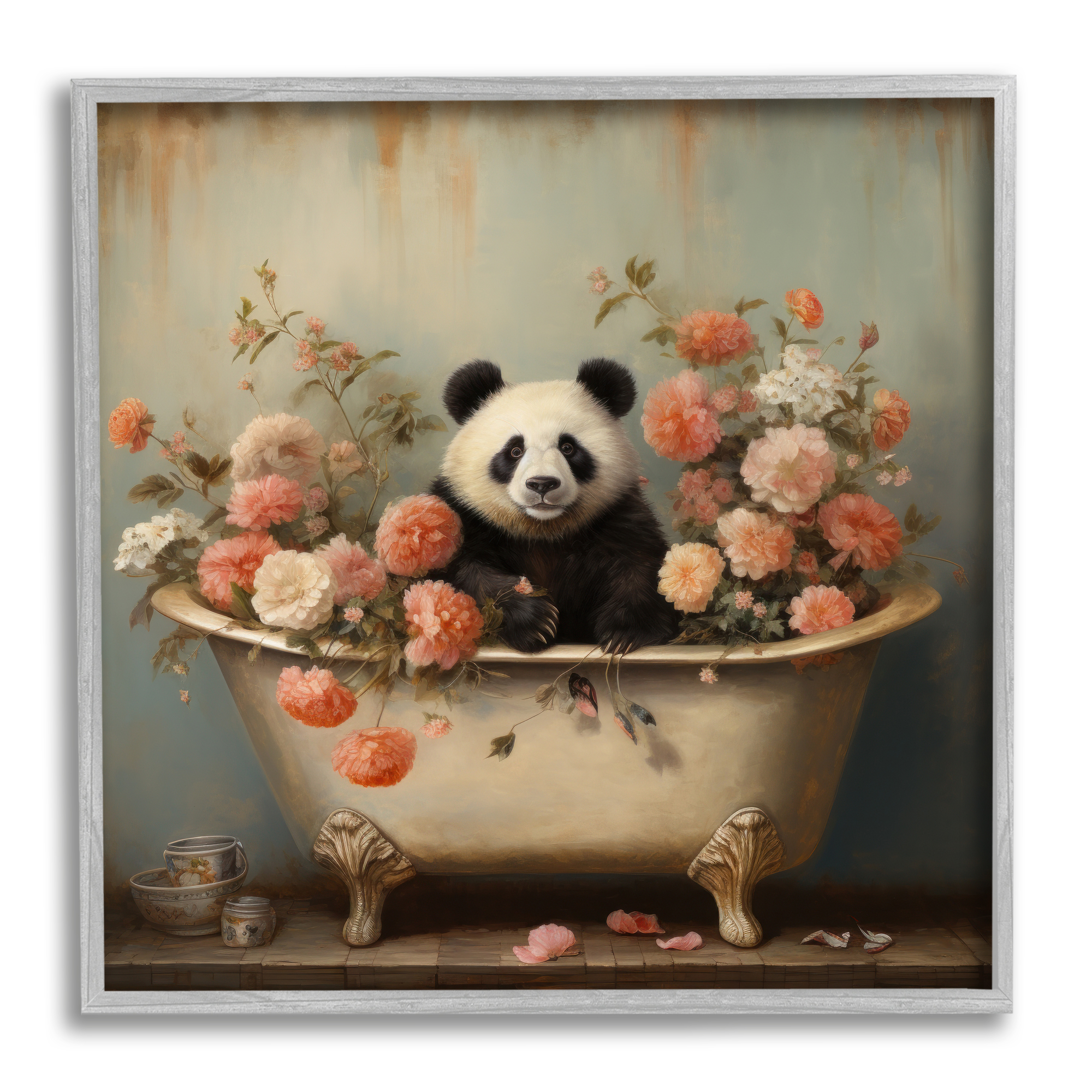 Stupell Industries Panda Bathtub & Blooms Animals & Insects Painting Gray Framed Art Print Wall Art, 24 x 24