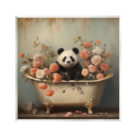Stupell Industries Panda Bathtub & Blooms Animals & Insects Painting Unframed Art Print Wall Art, 12 x 12