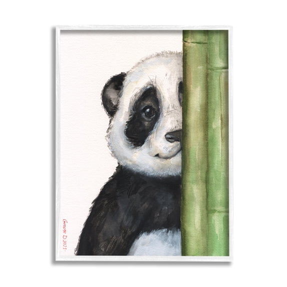 Stupell Industries Panda Bear Peering Around Bamboo Smiling Animal Painting White Framed Art Print Wall Art, Design by George Dyachenko