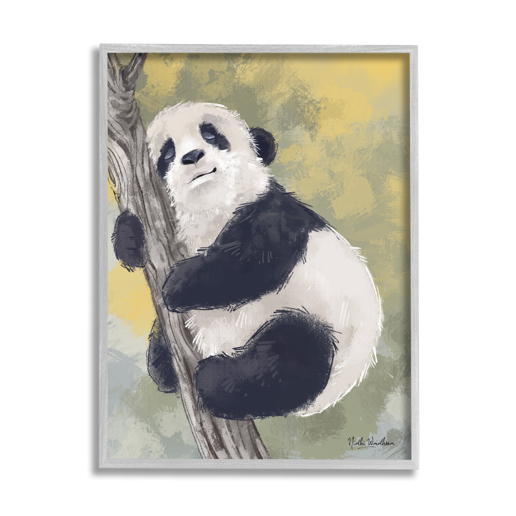Stupell Industries Panda Cub on Branch Animals & Insects Painting Gray Framed Art Print Wall Art, 16 x 20