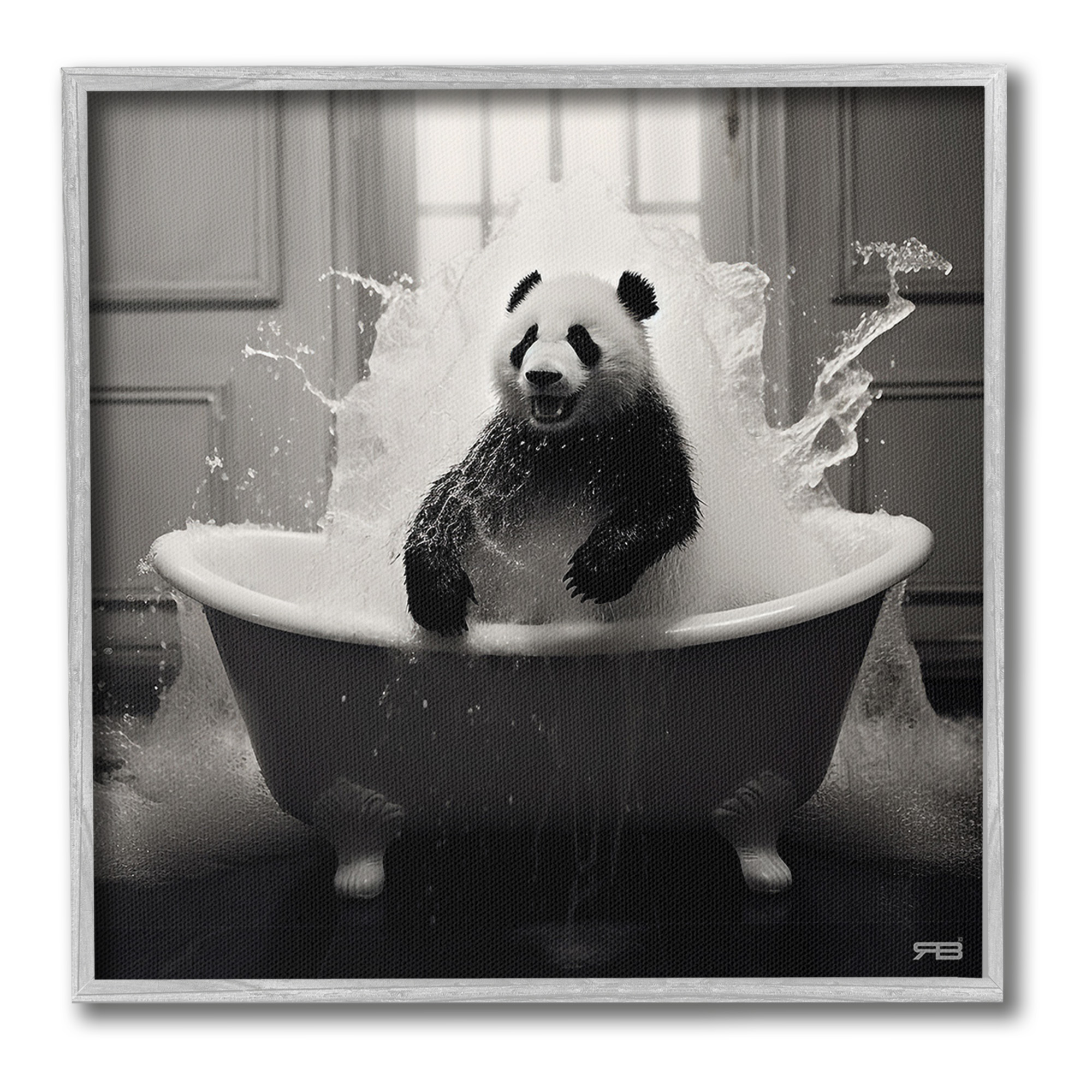 Stupell Industries Panda & Splashing Bathtub Animals & Insects Painting Gray Framed Art Print Wall Art, 12 x 12