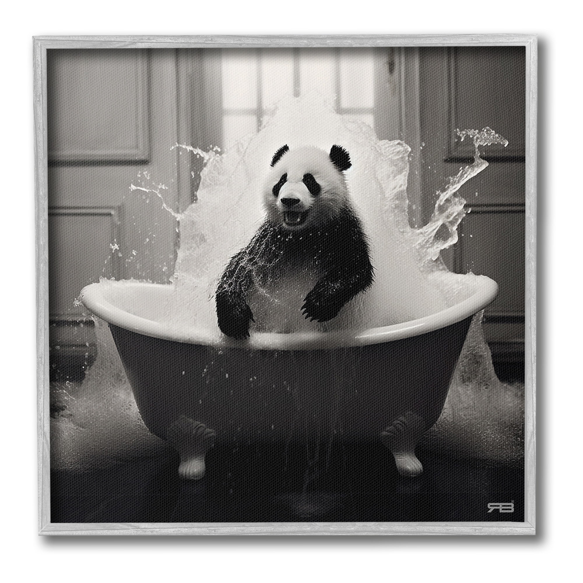 Stupell Industries Panda & Splashing Bathtub Animals & Insects Painting Gray Framed Art Print Wall Art, 17 x 17