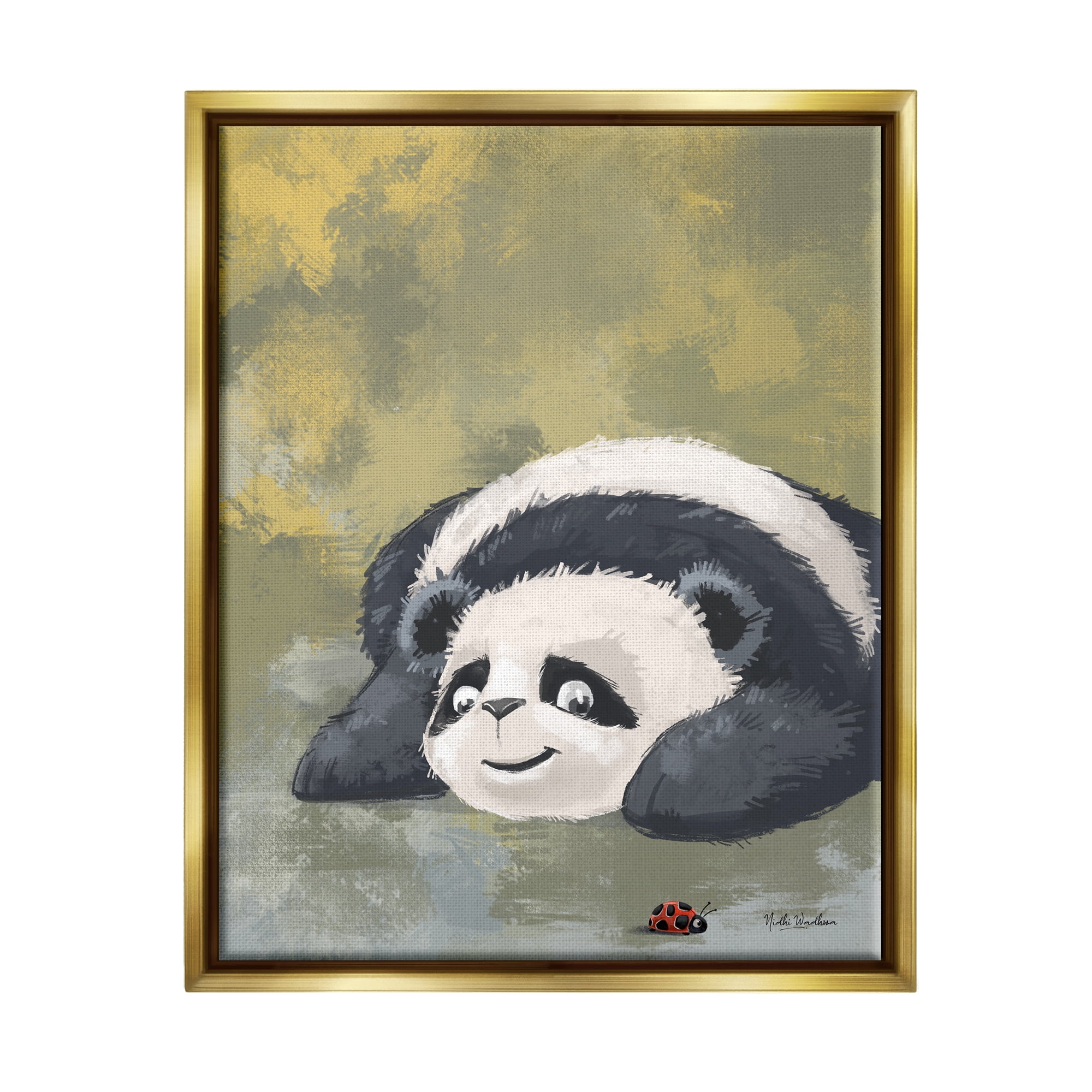 Stupell Industries Panda Watching Ladybug Animals & Insects Painting Gold Floater Framed Art Print Wall Art, 17 x 21