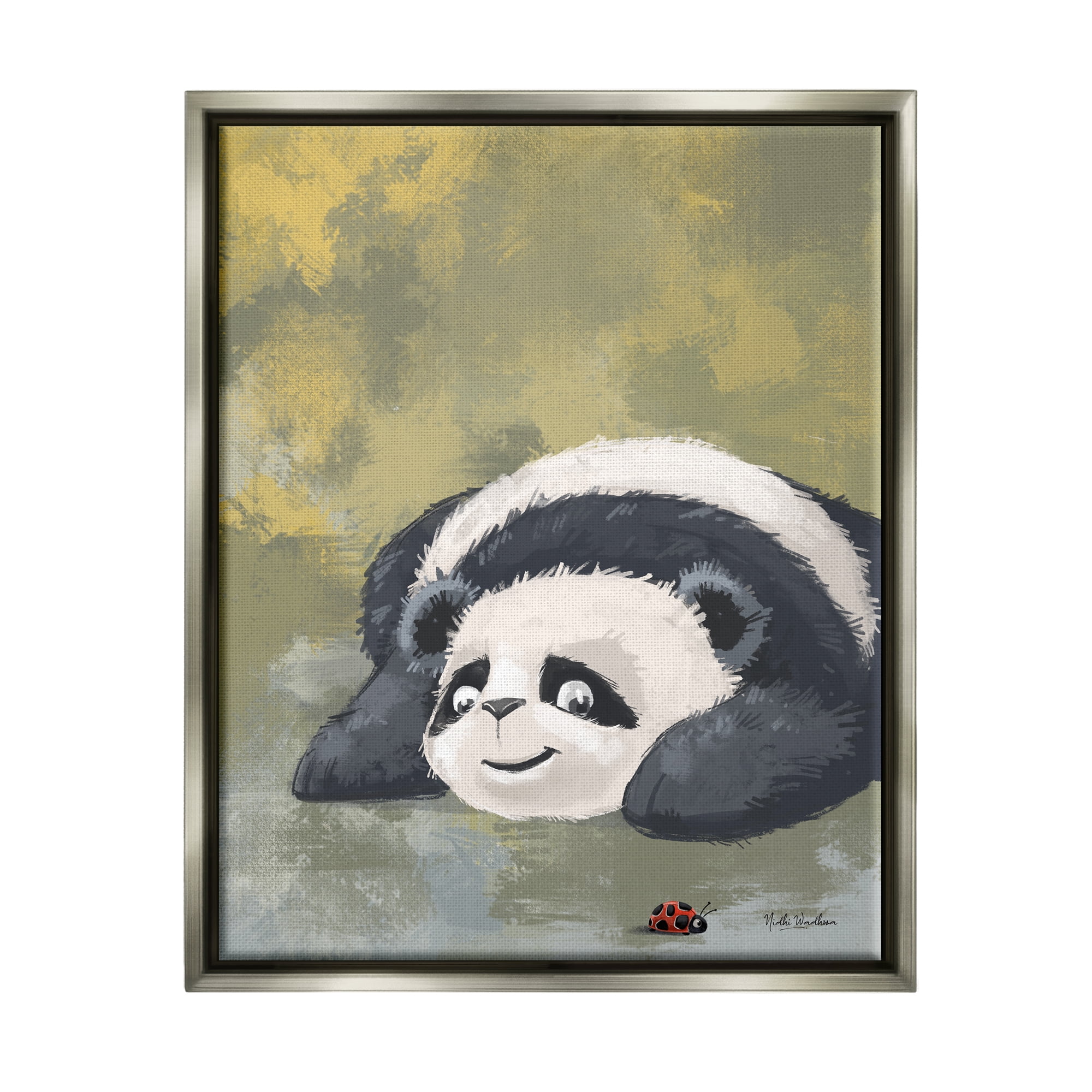Stupell Industries Panda Watching Ladybug Animals & Insects Painting Gray Floater Framed Art Print Wall Art, 25 x 31