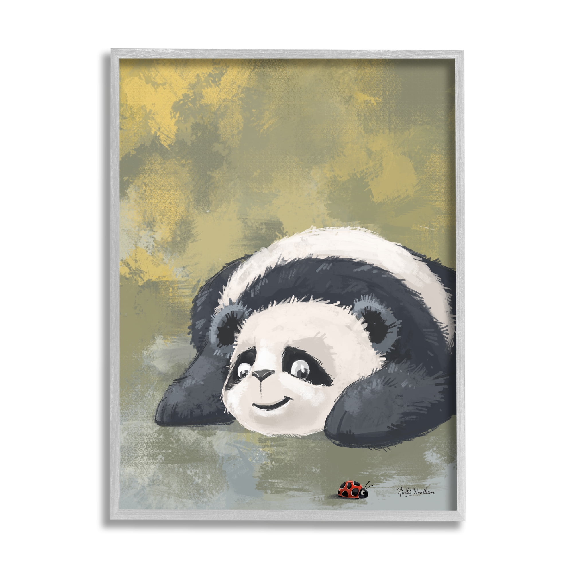 Stupell Industries Panda Watching Ladybug Animals & Insects Painting Gray Framed Art Print Wall Art, 11 x 14