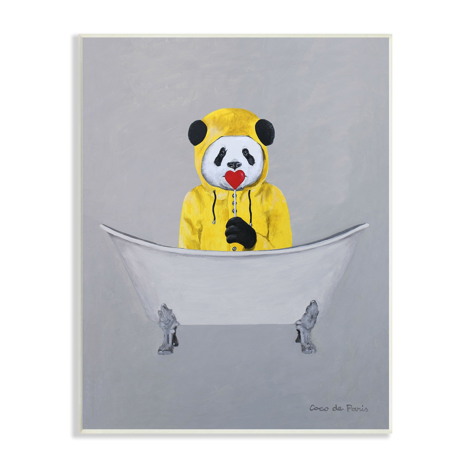 Stupell Industries Panda Yellow Raincoat Red Heart Claw Foot Tub, 10 x 15, Design by Coco de Paris