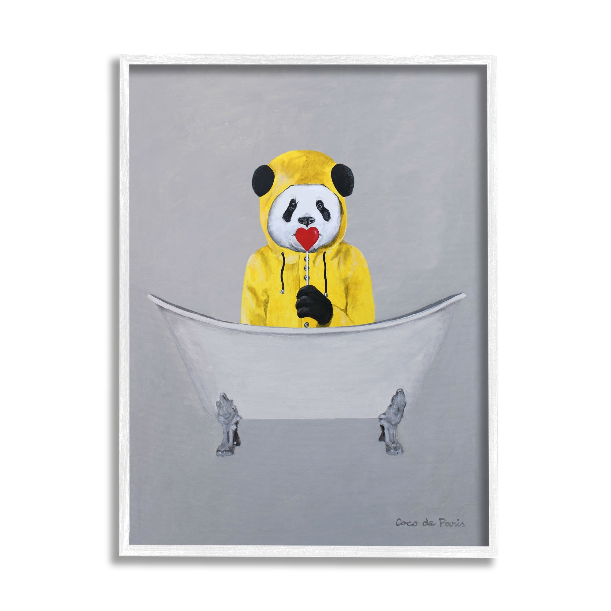 Stupell Industries Panda Yellow Raincoat Red Heart Claw Foot Tub, 11 x 14, Design by Coco de Paris