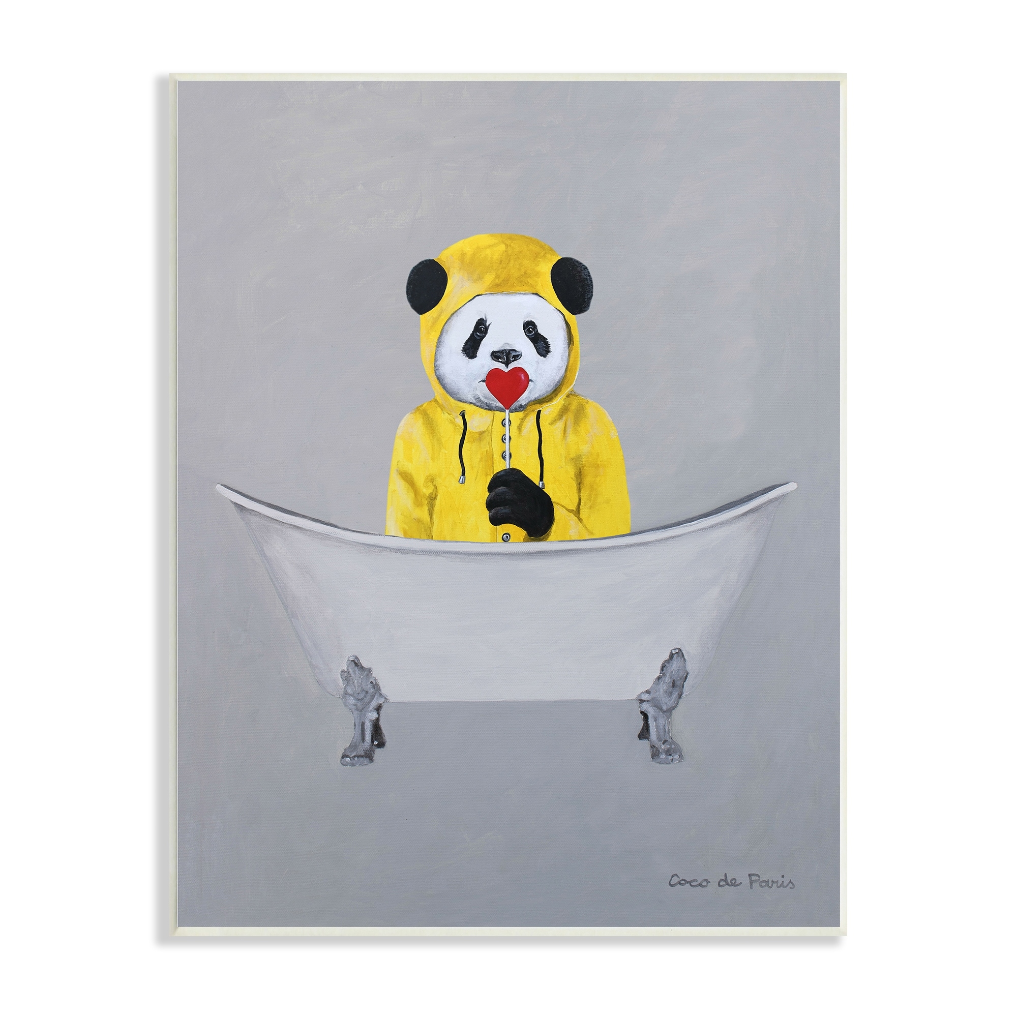 Stupell Industries Panda Yellow Raincoat Red Heart Claw Foot Tub, 13 x 19, Design by Coco de Paris